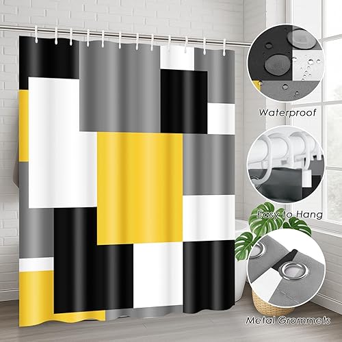 Miniatura 6 de ArtSocket Juego de baño geométrico amarillo con cortina de ducha y accesorios de alfombras, cortina de ducha moderna negra y gris, decoración de