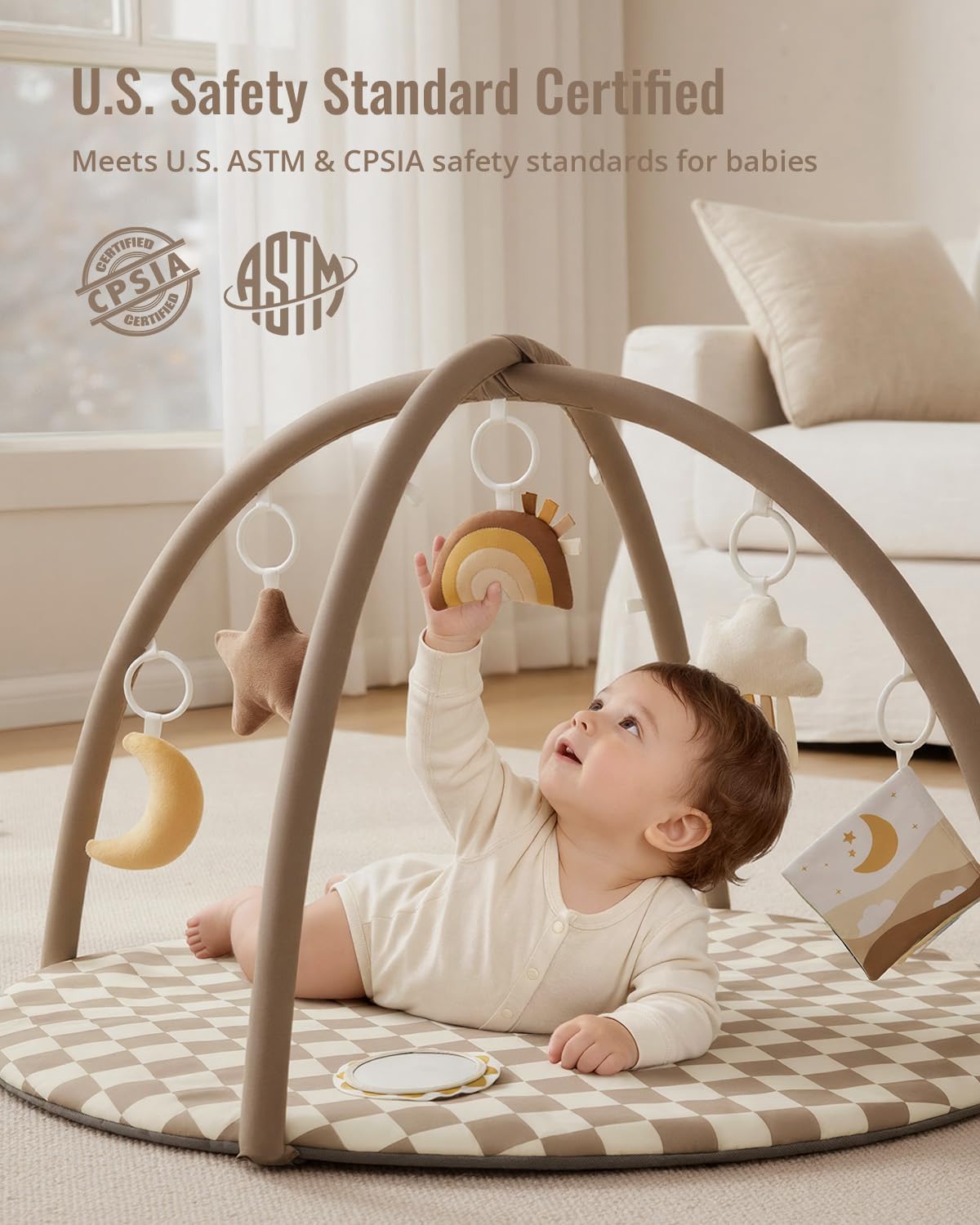 Blissful Diary Palestrina Neonato Con Arco Rimovibile, Palestrina Neonato Montessori Con 6 Giochi - Sviluppo Sensoriale E Motorio Progressivo, Regalo Per Neonati, Ragazze E Ragazzi, Tortora Quadri