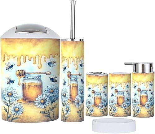 Miniatura 7 de Juego de accesorios de baño, 6 piezas, soporte para cepillo de dientes de pato amarillo sin costuras, dispensador de jabón, jabonera, soporte para