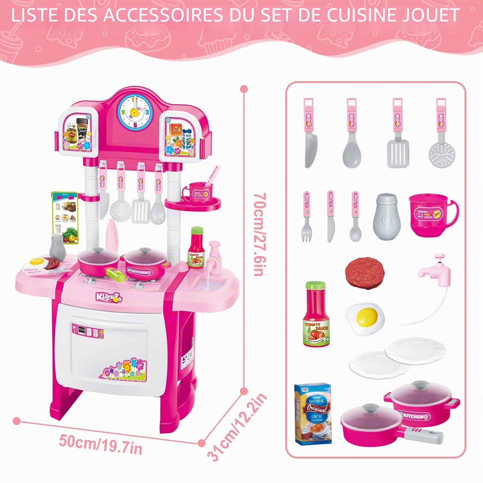 deAO Kit Cuisine pour Enfant avec lumière, Sons, évier, Ustensile Cuisine | My Little Chef Jeu de rôle Miniature avec Vaisselle, Aliments, Évier, Four et Plaques de CuisSons, Cuisine Jouet Cadeaux Rose