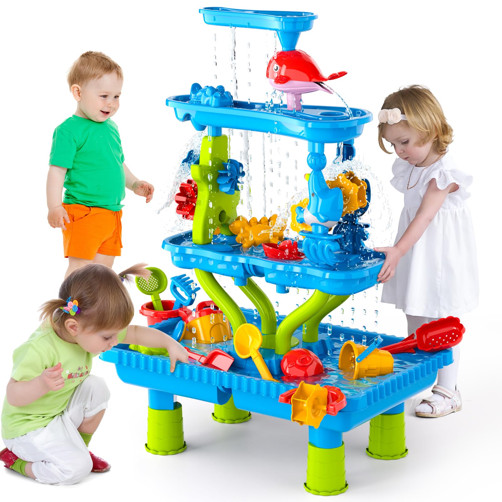 Mesa de agua para niños pequeños de 3 a 5, mesa de agua de 4 niveles, juguete al aire libre para niños pequeños niños y niñas, mesas de actividad de arena de agua, juguetes para verano al aire libre