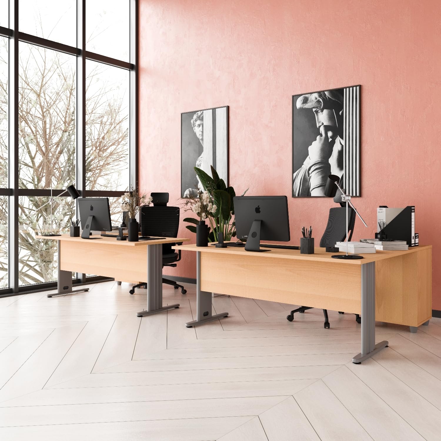 Furni24 Schreibtisch Winkelschreibtisch, Eckschreibtisch, Moderner Bürotisch Computertisch mit großer Arbeitsfläche, Bürotisch,PC Tisch, Dona Buche 180x120x74cm inkl.Beistellcontainer rechts gewinkelt