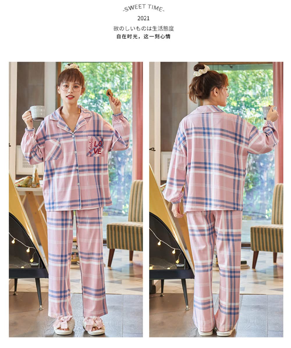 Pijama Mujer,Conjuntos De Pijama para Mujer Bolsillo De Solapa De Algodón A Cuadros Rosa Amor Acogedor Y Cálido Pjs De Manga Larga Top & Amp; Conjunto De Pantalones Ropa De Dormir Ropa De Dormir