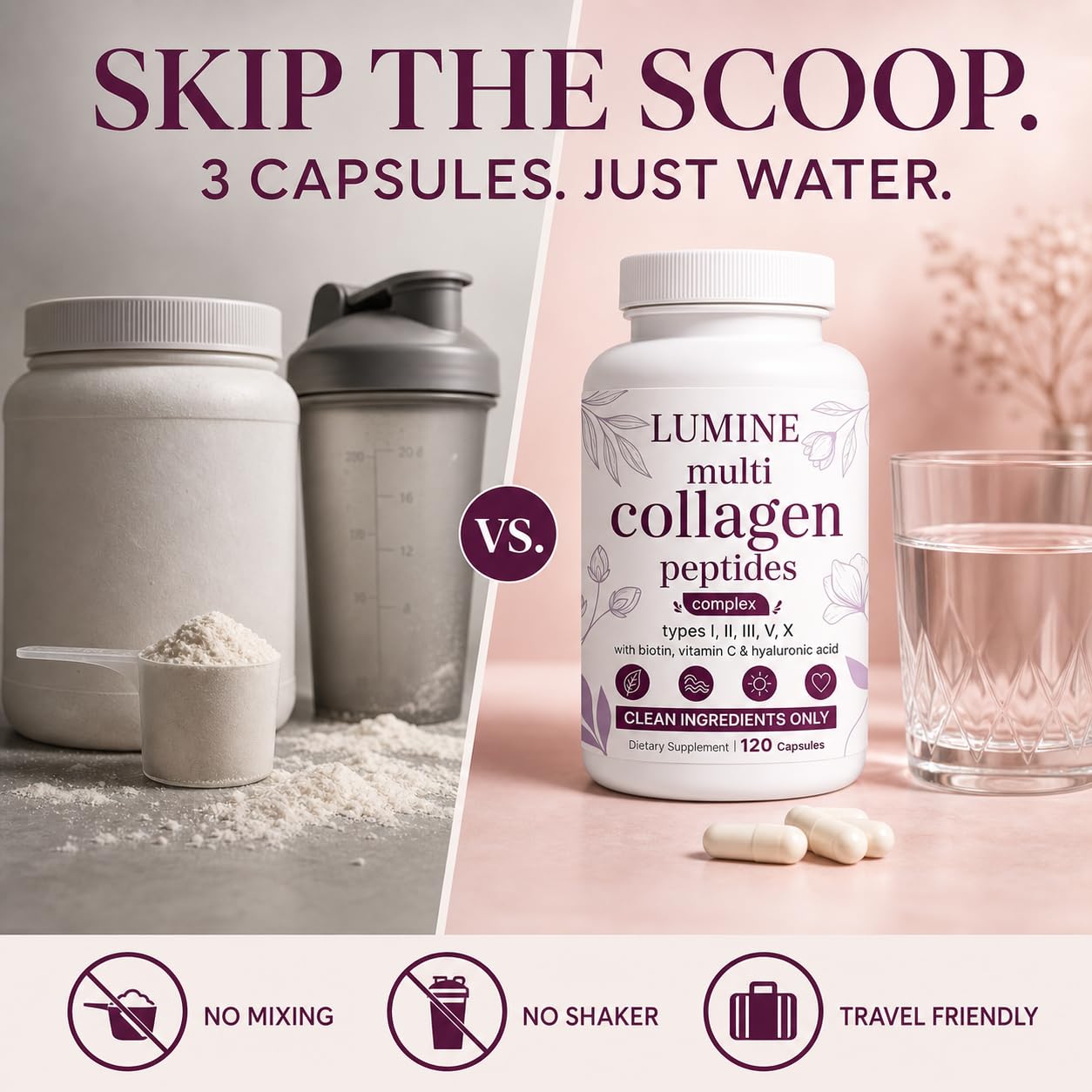 LUMINE Organics Collagen Peptides, Collagen with All 5 Types,Hydrolyzed Collagen Supplement with Biotin,Hyaluronic Acid & Vitamin C, Non-GMO Ingredients, Vegan-Friendly, 120Capsules — Amazon image 5