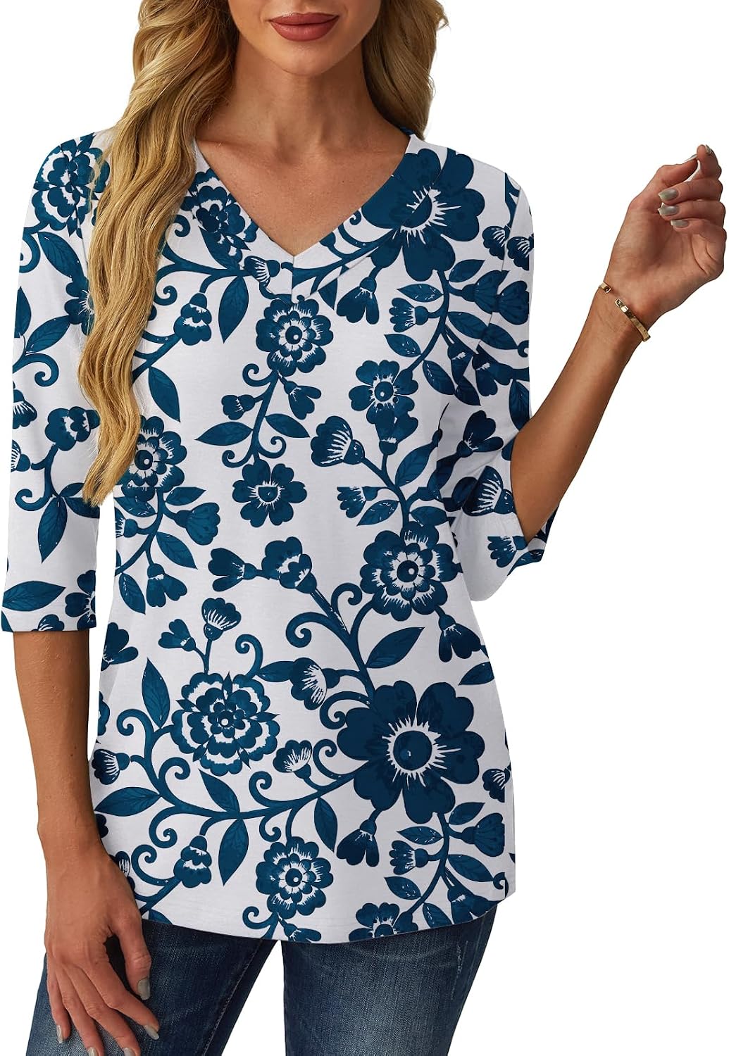 3/4 Length Sleeve Womens Tops V Neck Casual Tunic Loose Fit Basic Shirts Trendy Tops for Women 2026 thumbnail