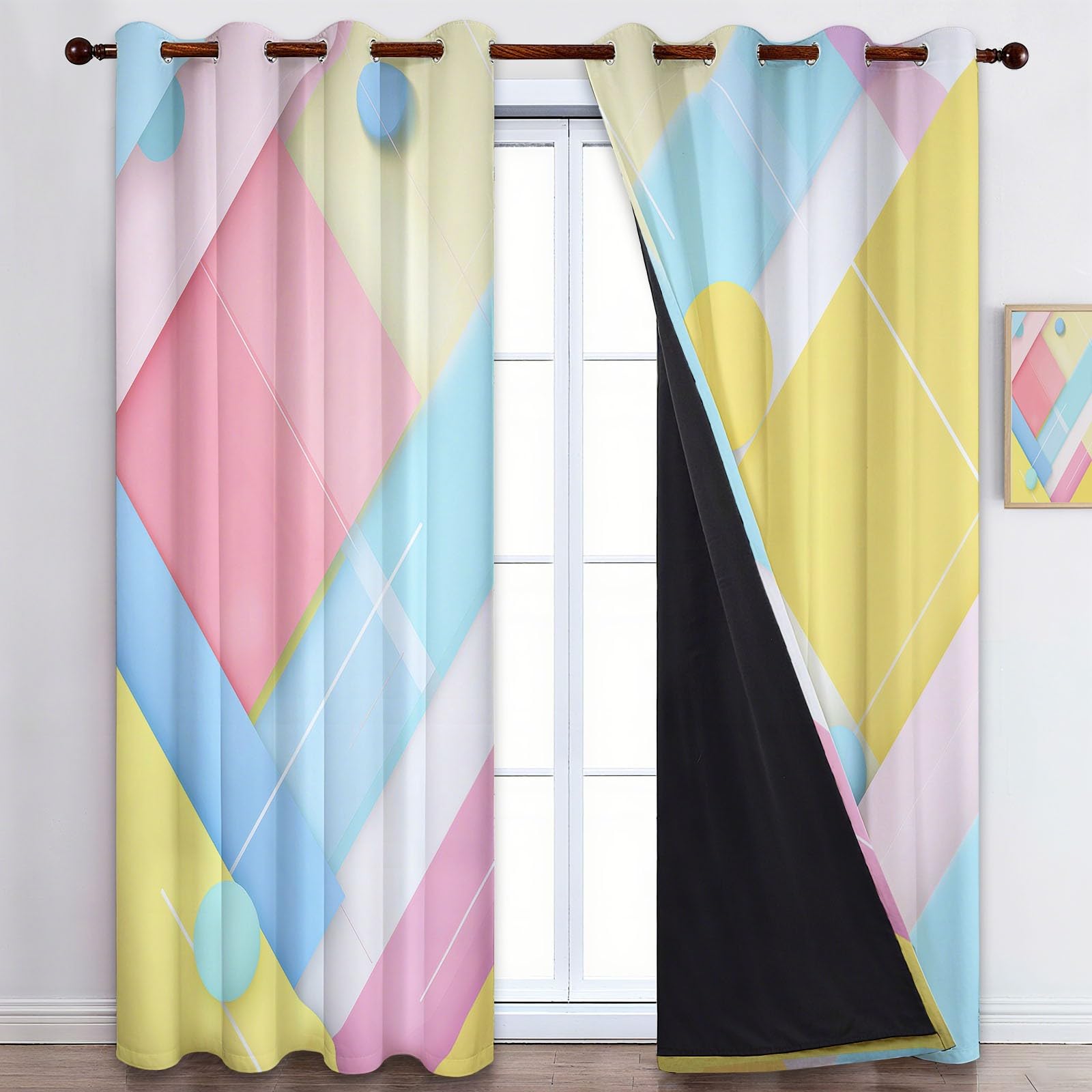3D Minimalistisch Geometrischer Farblock Gardinen Blickdichte Energiespar Thermo Vorhänge mit Ösen Weich Schiebevorhänge Wohnzimmer Verdunklungsvorhänge 2er Set Macaron-Farbe/Pastell-Macaron