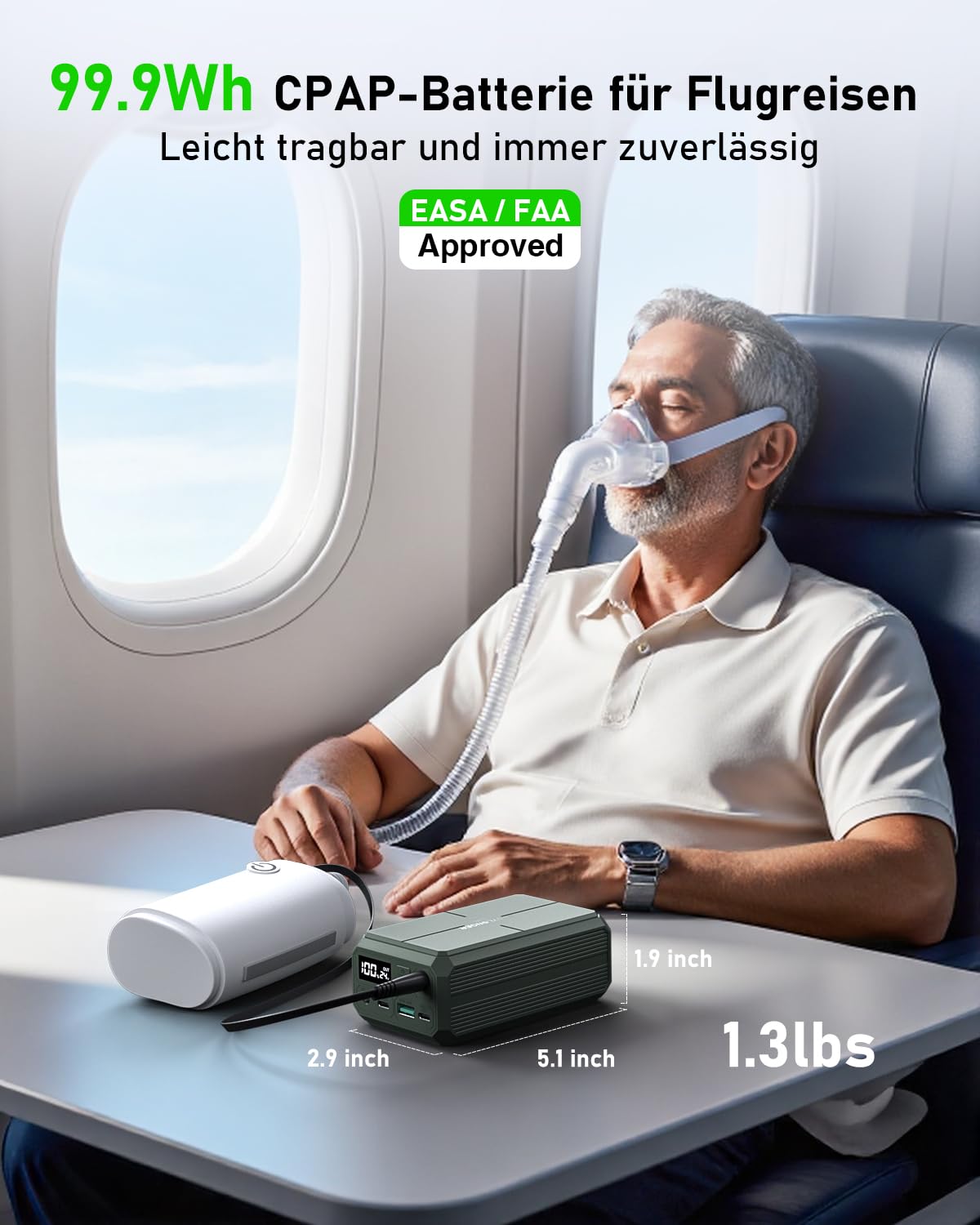 EASYLONGER ES270 CPAP Akku für Flugreisen 99.9Wh CPAP-Akkupack für Camping CPAP Powerbank for for ResMed AirMini, AirSense 11/10, AirCurve 11/10, Sefam EcoStar, S.Box, NEA, BMC M1 Mini, DreamStation