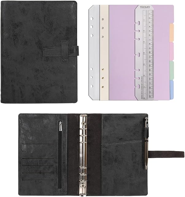 Wonderpool Leather Dairy 6 Ring Binder Folder Organiser with Dotted Paper Refillable Writing Notebook & Multi Pockets Cover for Business Study Travel (A5, Black)