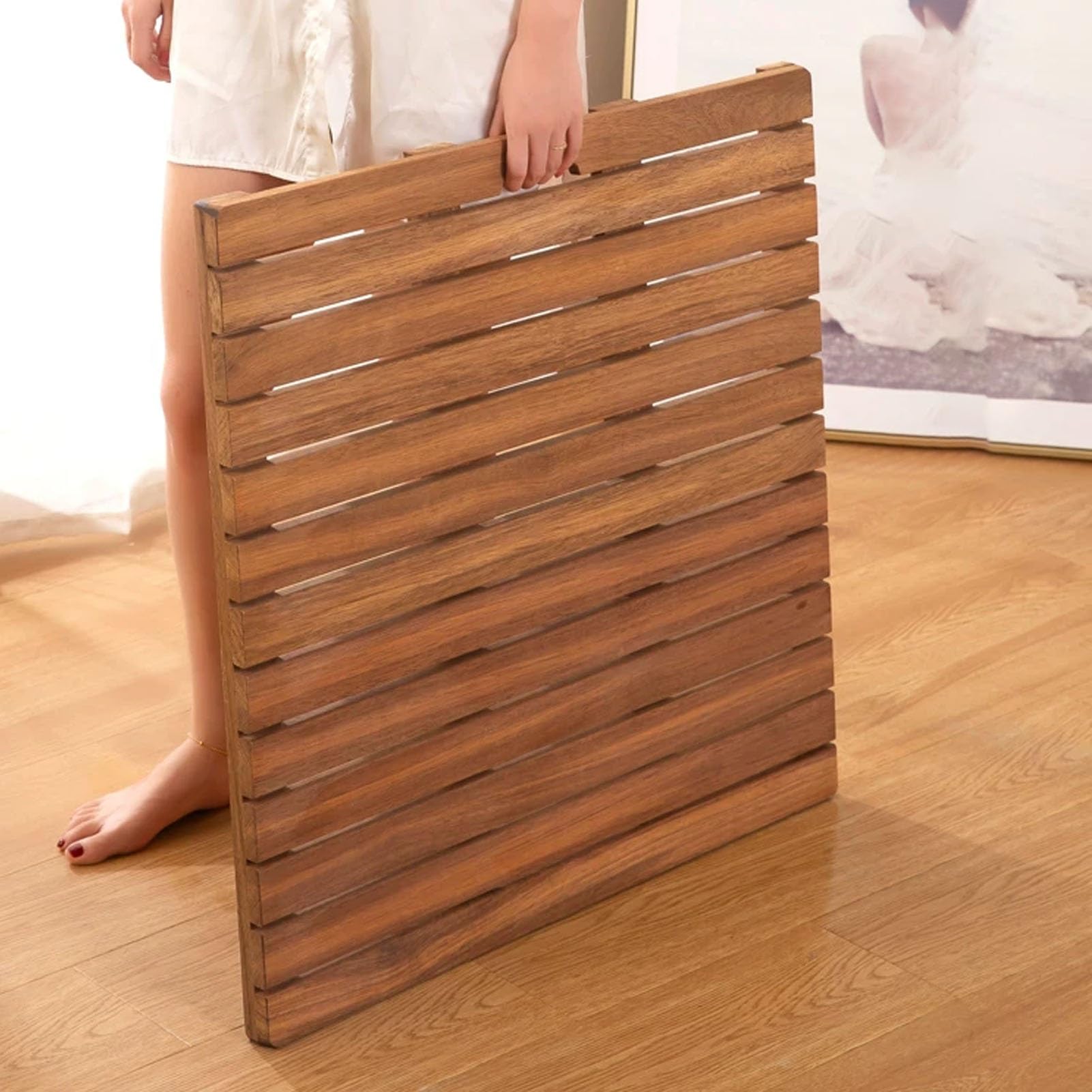 Alfombrilla de ducha antideslizante de madera de teca, alfombrilla de baño cuadrada con drenaje, diseño de listones para duchas interiores y exteriores (40 x 80 cm), duradera y elegante