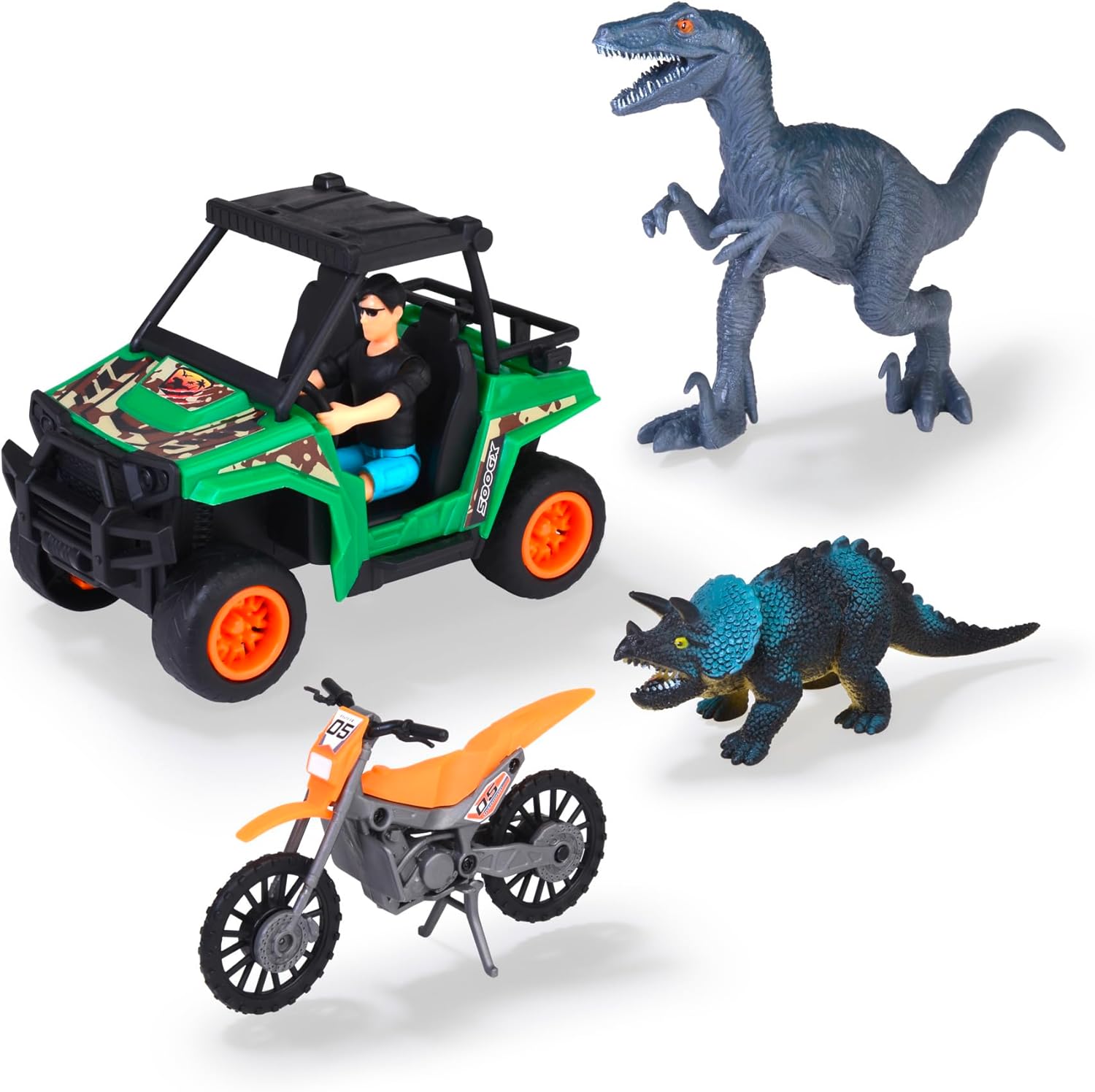 DICKIE TOYS Dinosaur Playset - UTV Quad Bike with Friction, Motorcross, Dinosaurs, Bendable Figure, 1:24, Ages 3+
