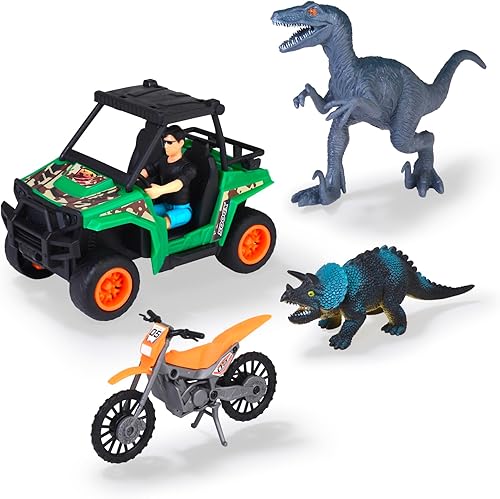 Dickie Toys 203834009 - Dinosaur Playset - Dickie Toys Dinosaur Playset Includes UTV Quad Bike with Friction, Motorcross, Dinosaurs, Bendable