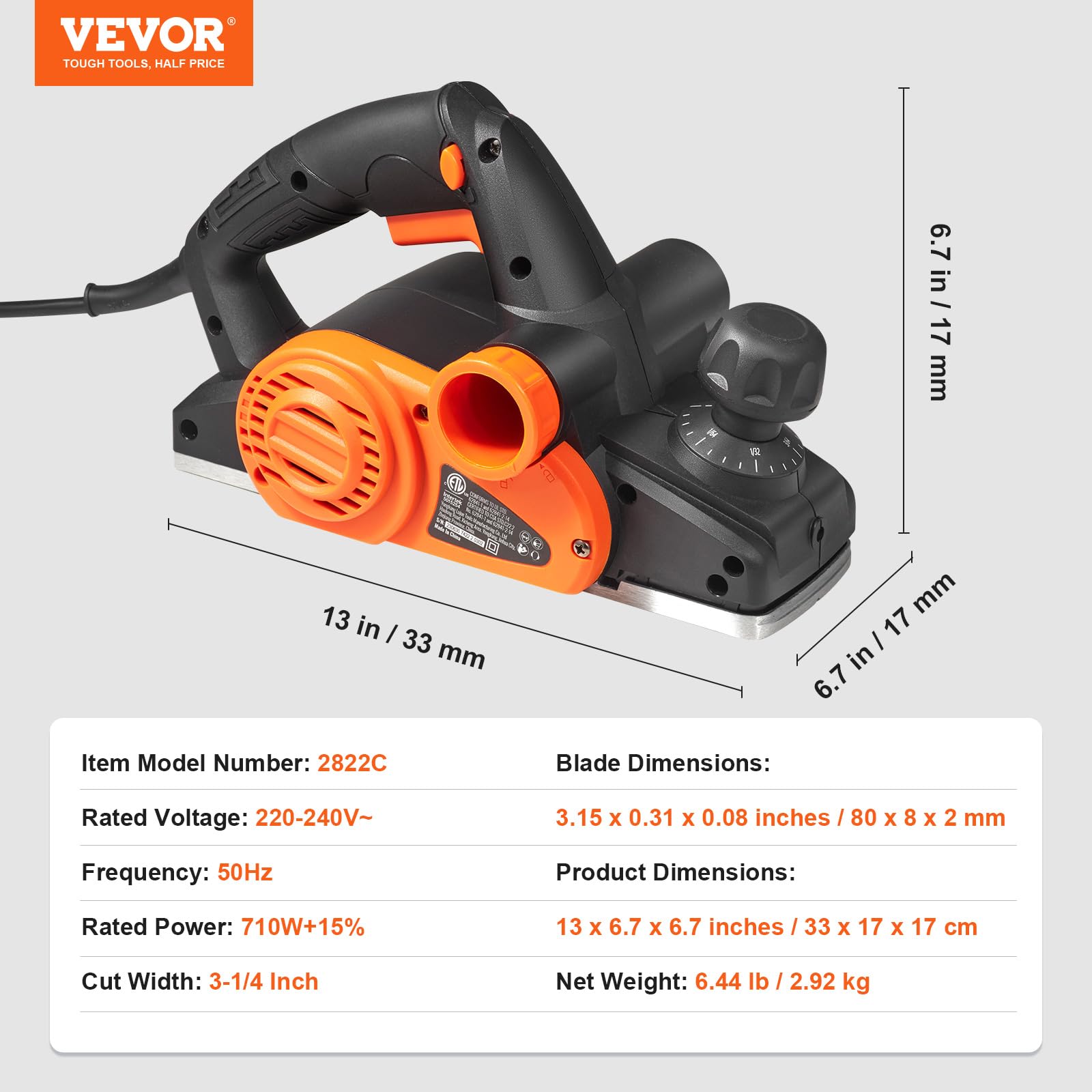 VEVOR Pialla a Mano Elettrica per Legno da Banco, Piallatrice a Mano Elettrica con Filo da 3-1/4", 16500 Giri/min, Pialla Elettrica da Banco per la Lavorazione del Legno da Smussare Progetti Fai-da-Te