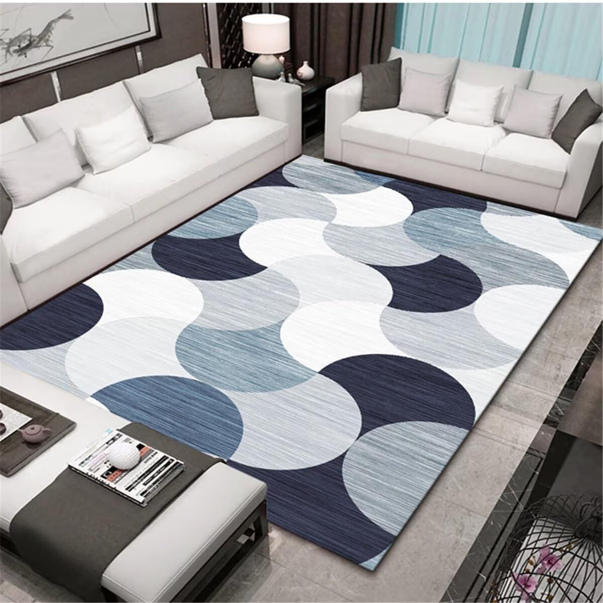 Tapis de décoration géométrique gris-bleu en demi-cercle haut de gamme
