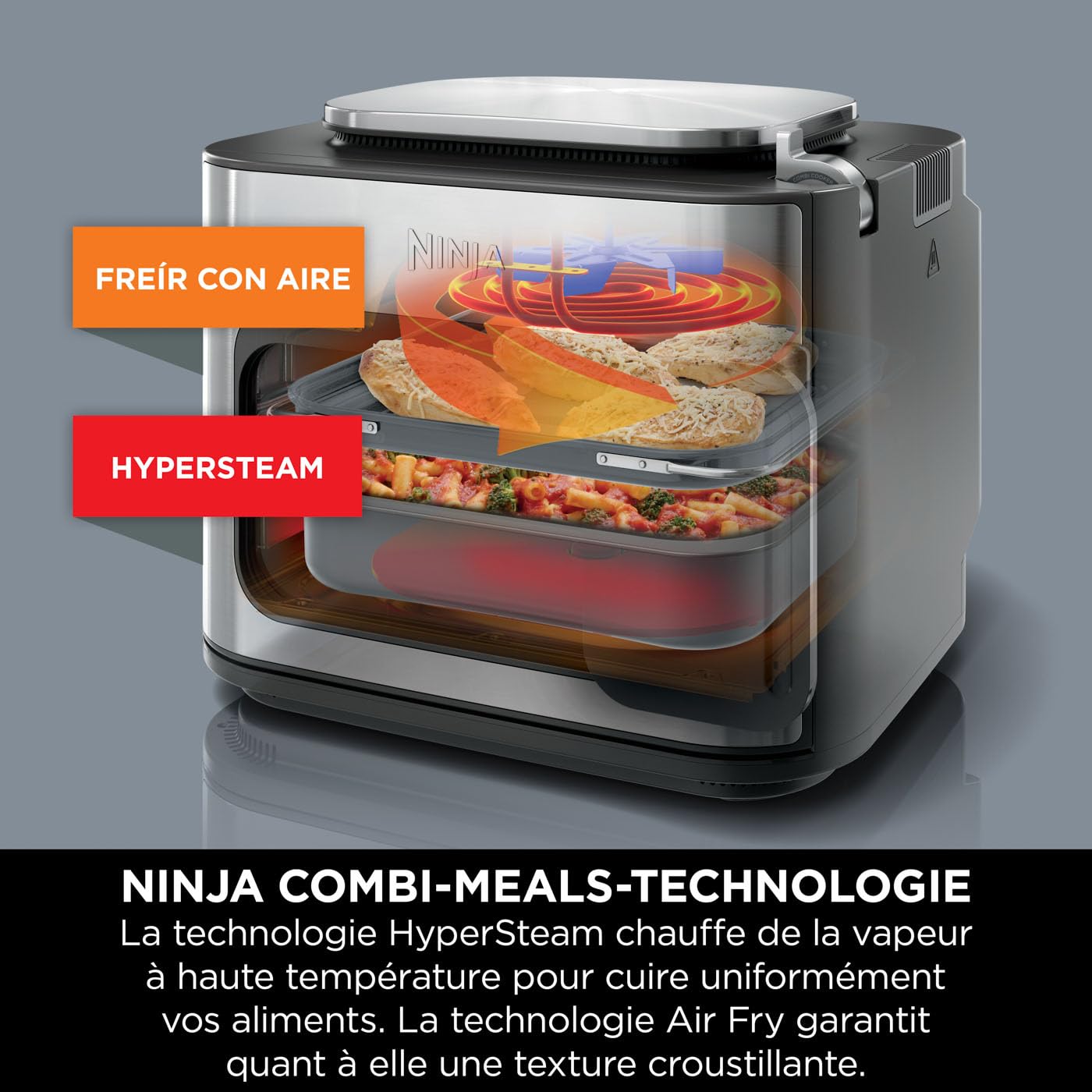 Ninja Combi Olla Eléctrica Multifunción 12 en 1 con Horno y Freidora de Aire - Comidas Familiares en 15 Minutos - Incluye Bandeja para Hornear, Fuente de Horno y Guía de Recetas - Gris, SFP700EU