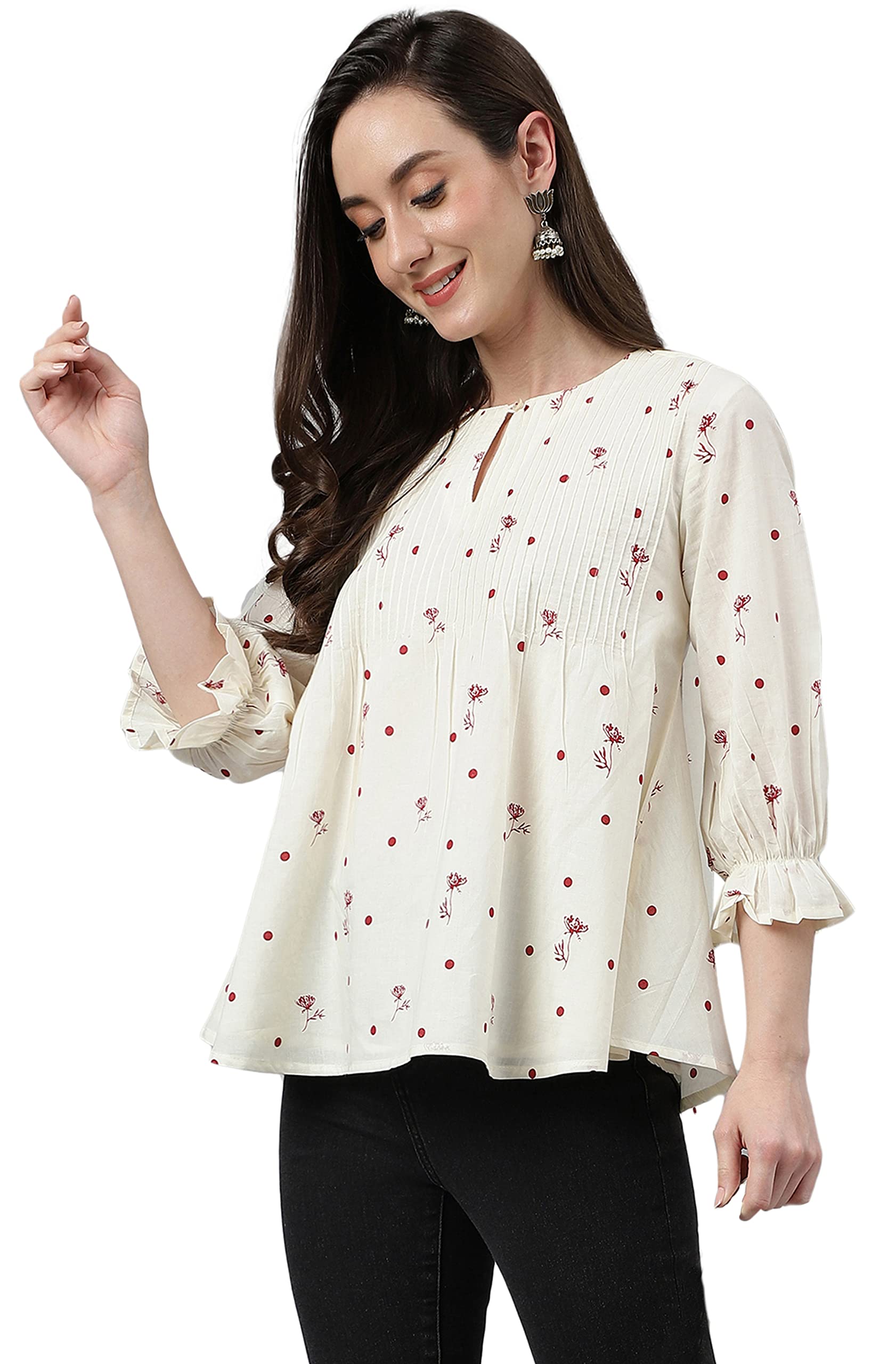 JanasyaIndian Women's Off White Cambric Cotton Botanical Print Flared Top (Valentine Collection)