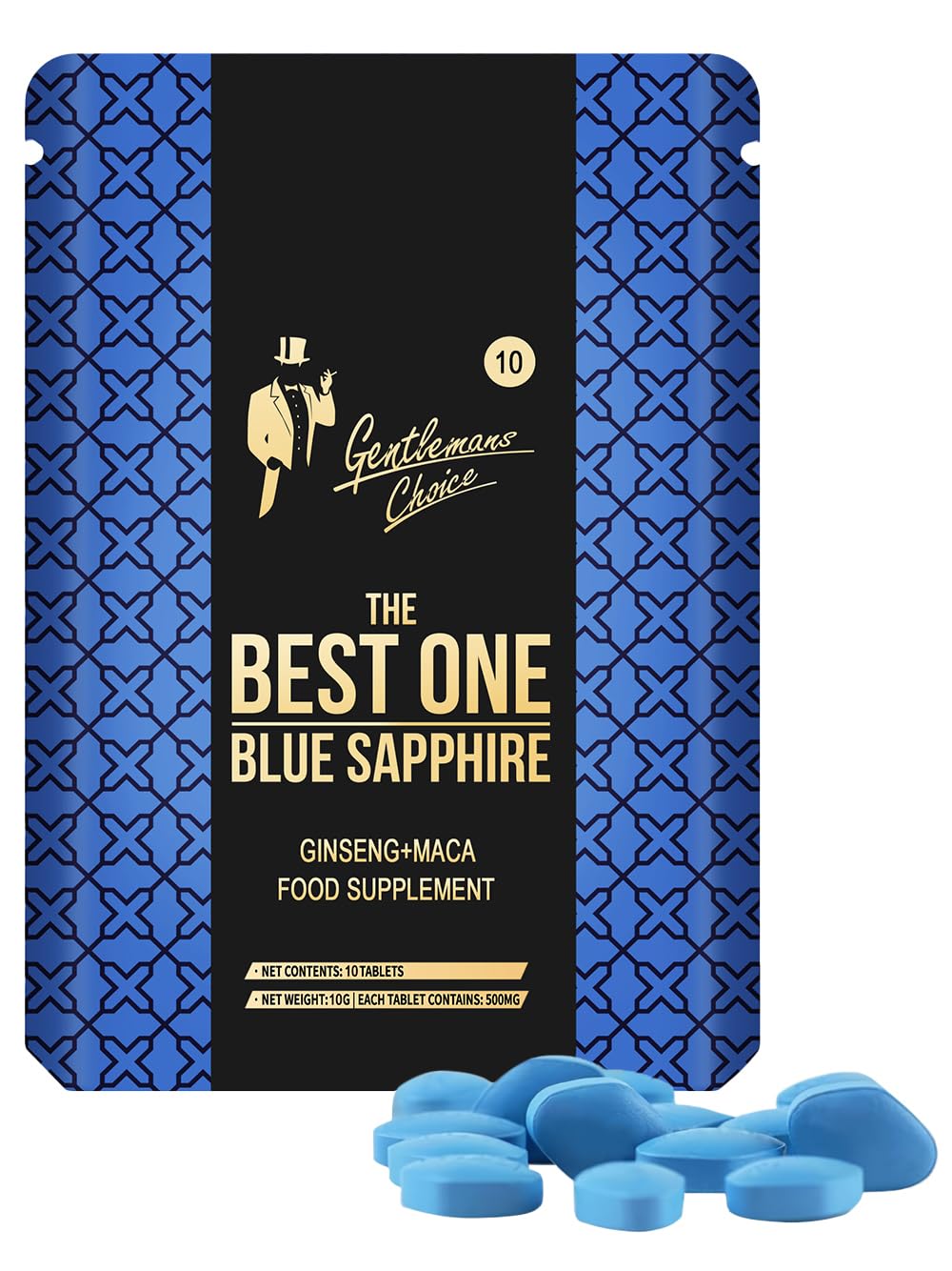 Gentleman's Choice™ Blue Sapphire | 10 Tablets | Fast Effect Male Performance Enhancing 100% Herbal Food Supplement | Fast Acting | Ginseng | Energy and Stamina Support | Made in UK