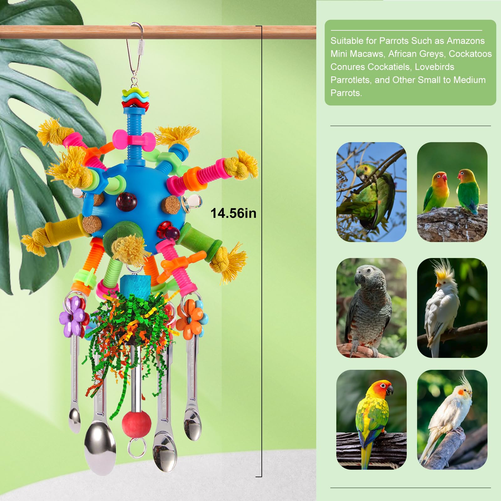 Parrot Toys Bird Toys Perch Pullable Stainless Steel Spoons Colorful Acrylic Stick Chew Toys for Amazons Mini Macaws African Greys Cockatoos Conures, Cockatiels, Lovebirds, Parrotlets and Other (blue) - image 2