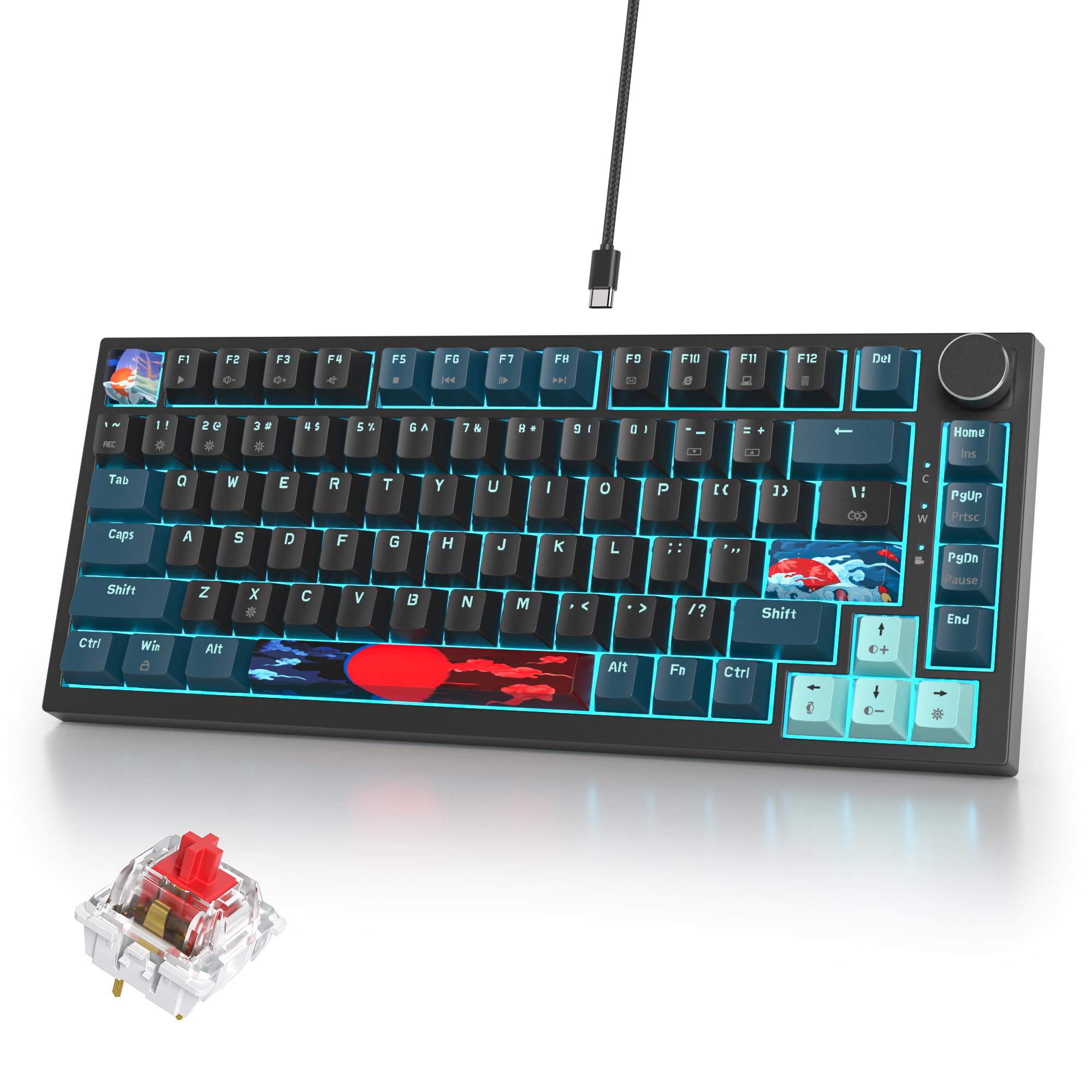 iRoboosta 75% Mechanical Gaming Keyboard, Hot Swappable RGB Backlit Custom With Knob, Gasket Mount USB Wired, 82 Keys Black Blue Linear Red Switch (82