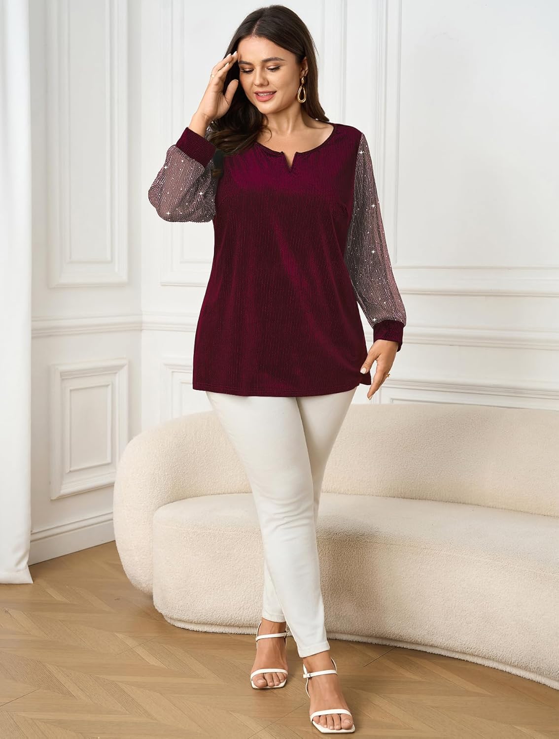 SCOMCHIC Women's Plus Size Blouses Long Sleeve V Neck Sparkly Sequin Velvet Top Dressy Casual Loose Shirts Party Tops - Image 4