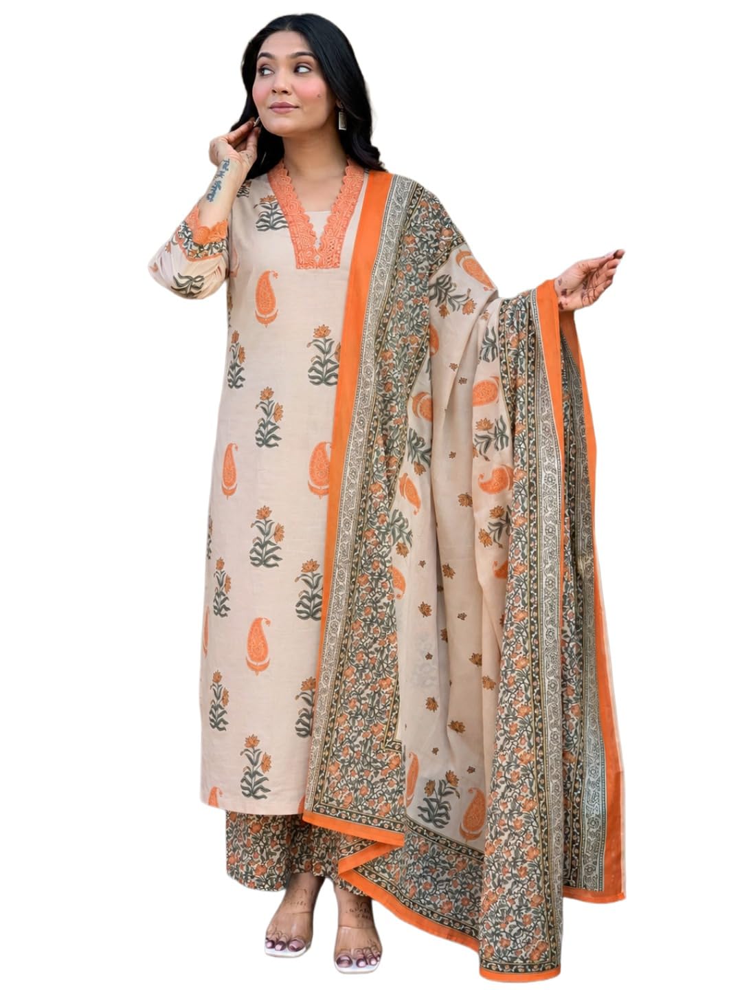 gosriki Women Viscose A-Line Kurta with Palazzo and Dupatta | Printed Kurta Set for Women | V-Neck A-Line Ethnic Kurta Palazzo Outfit for Casual Festive & Party-picture-23