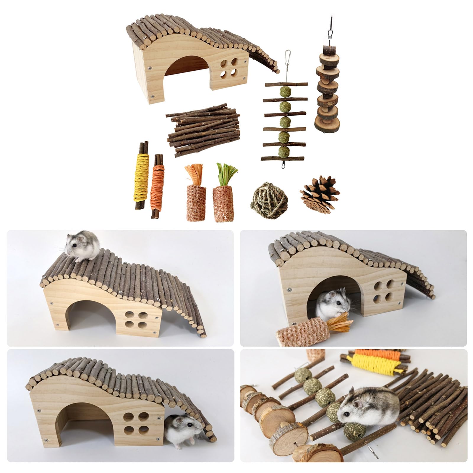 10-teiliges Habitat Set für Hamster, Kauspielzeug, Käfighaus, Spielzeug, Rattanball, bissfest, Kaninchen für Kleintiere, Meerschweinchen, Langeweile