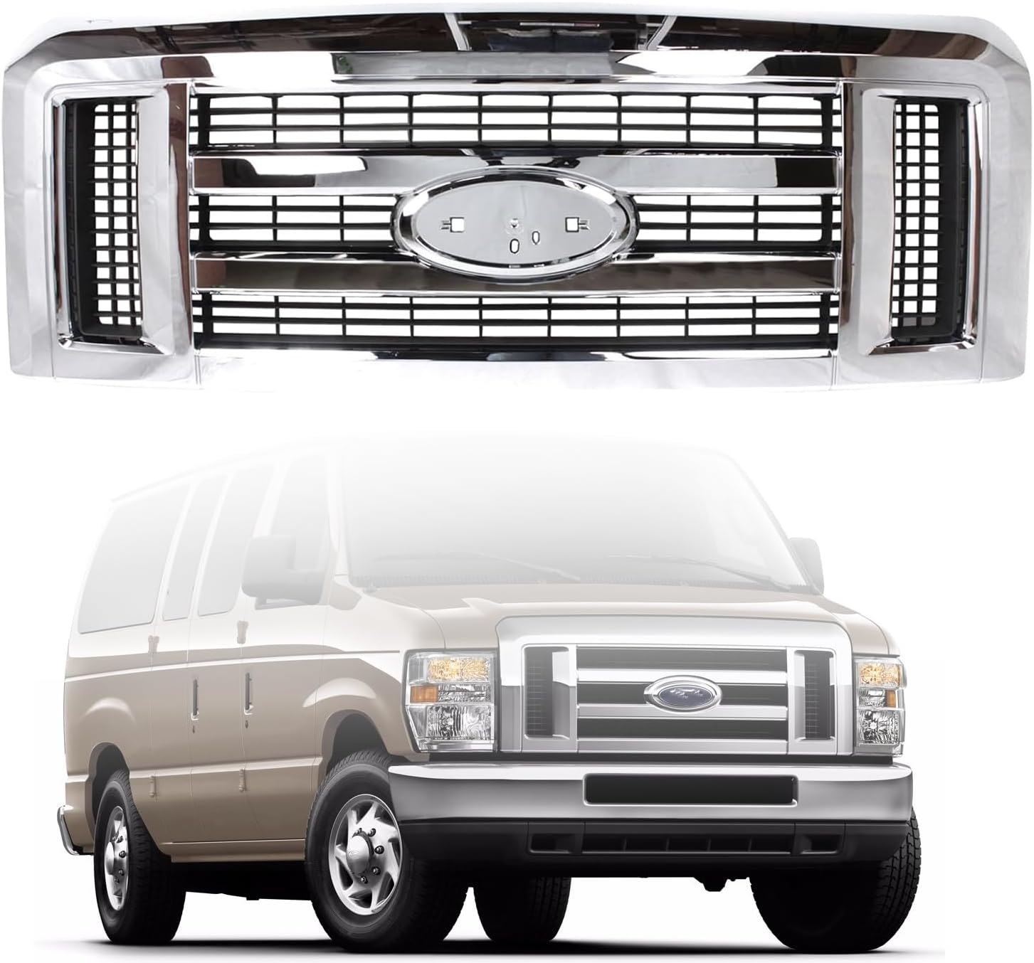 Front Grille Chrome Assembly For 2008-2021 Ford E-150 E-250 E-350 E-450 Super Duty FO1200507 9C2Z8200AA w/o Emblem Provision