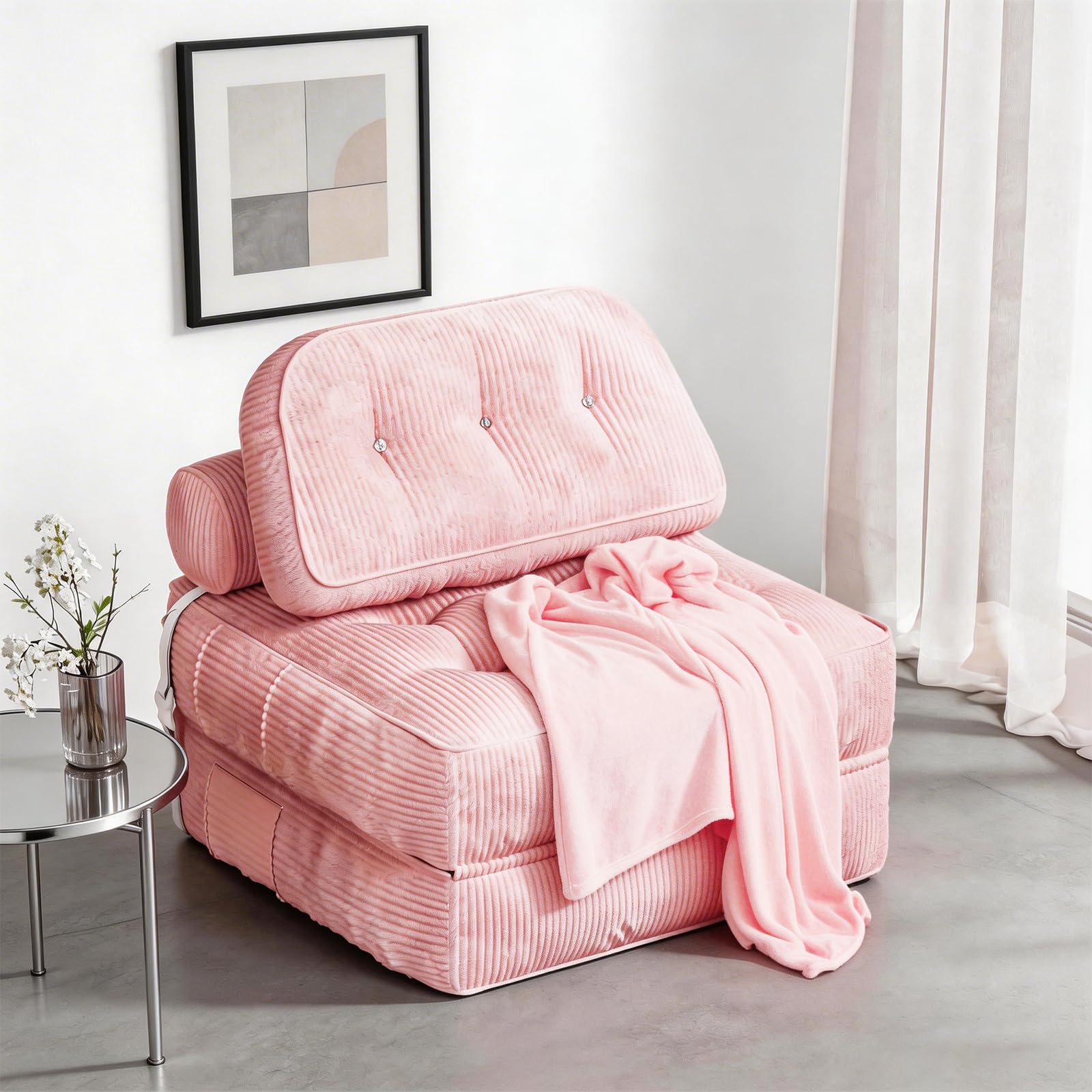 NESLAKO Folding Sofa Bed, Flannel Futon Couch Bed with Pillow and Blanket, Convertible Sleeper Chair for Living Room Bedroom, Pink