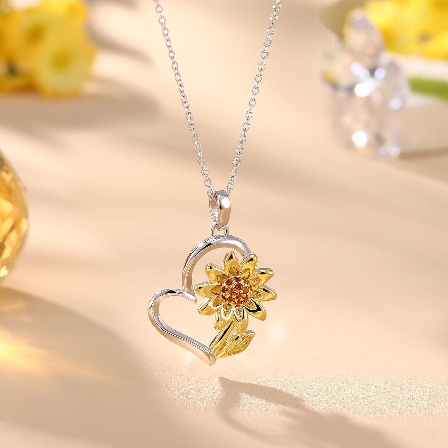 MILACOLATO 925 Sterling Silver Sunflower Necklace 14K Gold Plated You're My Sunshine Sunflower Heart Pendant Necklace Cubic Zirconia Sunflower Jewelry Gift for Women Mom