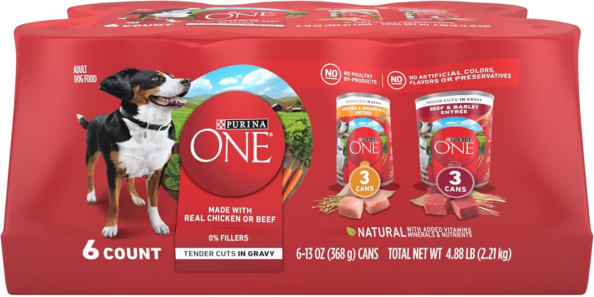 Purina ONE Paquete variado de comida húmeda para perros, cortes tiernos, (2 paquetes de 6) latas de 13 oz | Cortes tiernos en salsa, pollo y arroz y platos principales de carne y cebada, alimento natural para perros con vitaminas, minerales y nutrientes añadidos