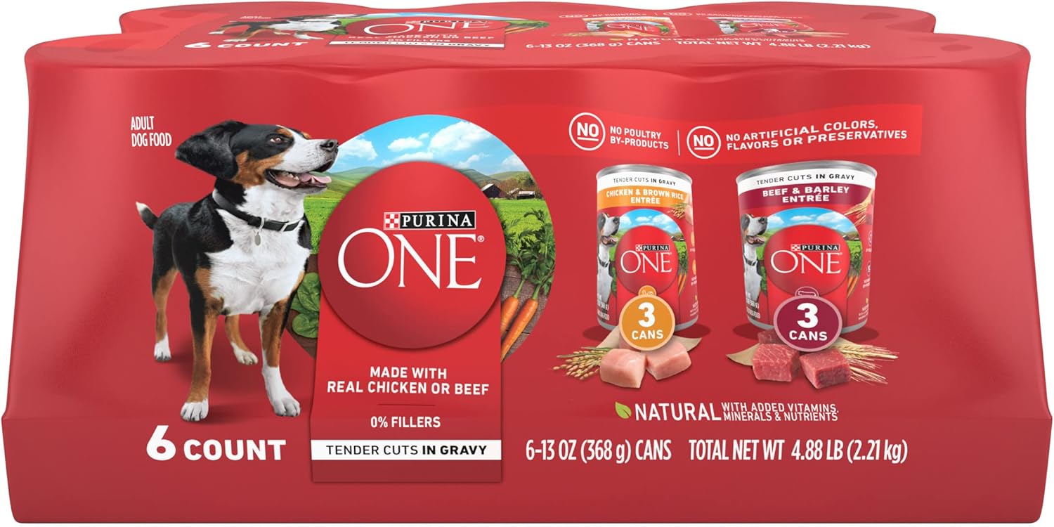 Purina ONE Tender Cuts in Gravy Chicken and Brown Rice, and Beef and Barley Entrees Wet Dog Food Variety Pack - (2 Packs of 6) 13 oz. Cans