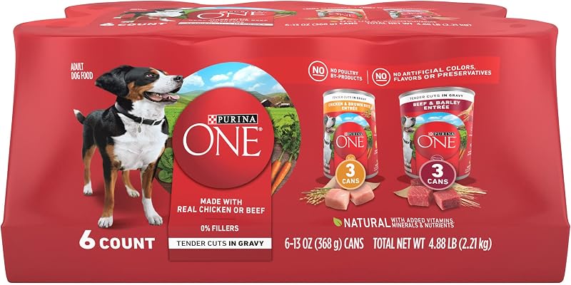 Purina ONE Paquete variado de comida húmeda para perros, cortes tiernos, (2 paquetes de 6) latas de 13 oz | Cortes tiernos en salsa, pollo y arroz y platos principales de carne y cebada, alimento natural para perros con vitaminas, minerales y nutrientes añadidos