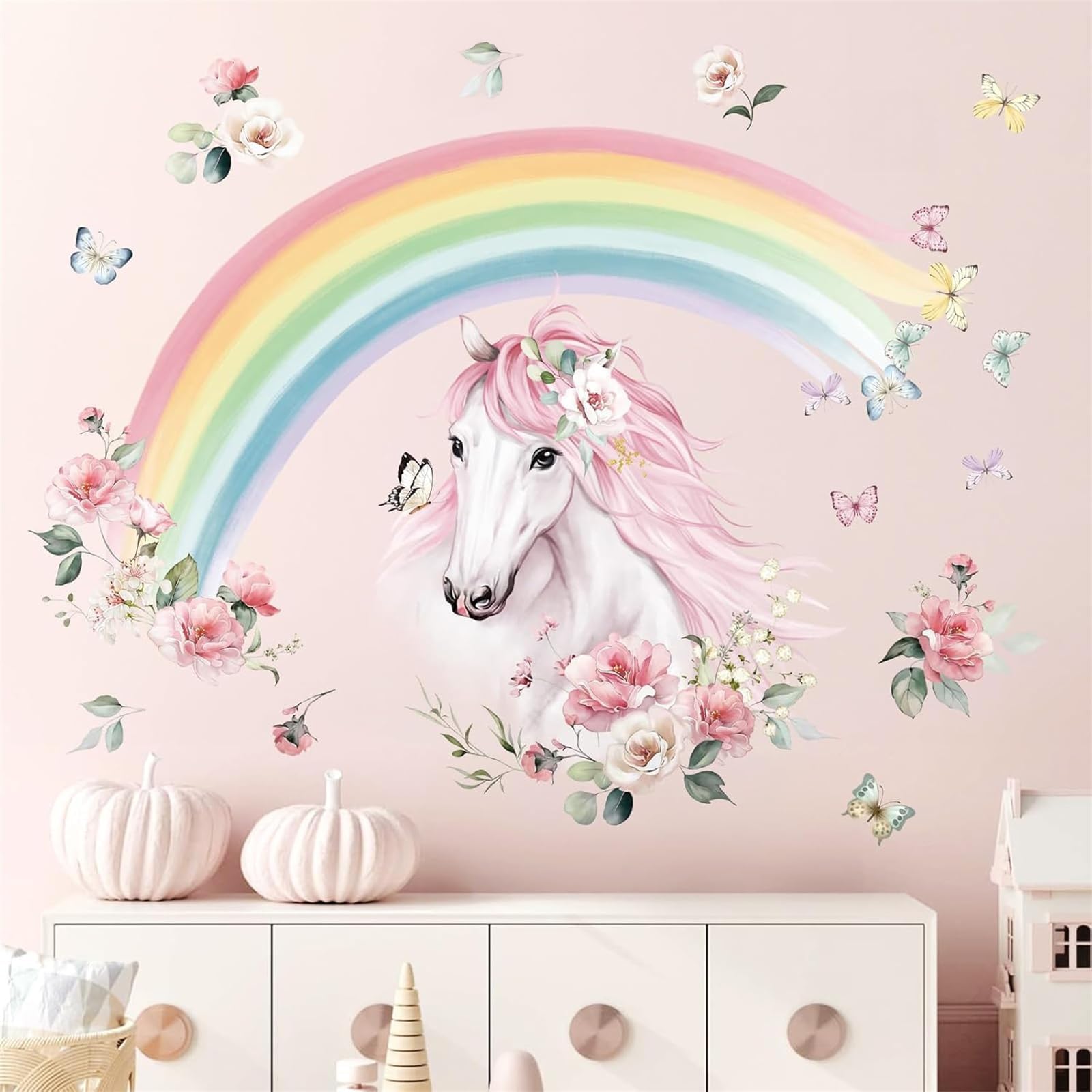 Large Rainbow Wall Decals Horse Flower Peel and Stick Wall Art Stickers for Girls Bedroom Kids Room Baby Nursery