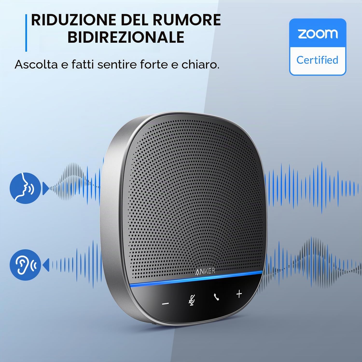 Anker PowerConf S500 - Altoparlante da conferenza con certificazione zoom, USB-C Bluetooth per chiamate, conferenze, telefonate, microfoni per registrazione vocale intelligente