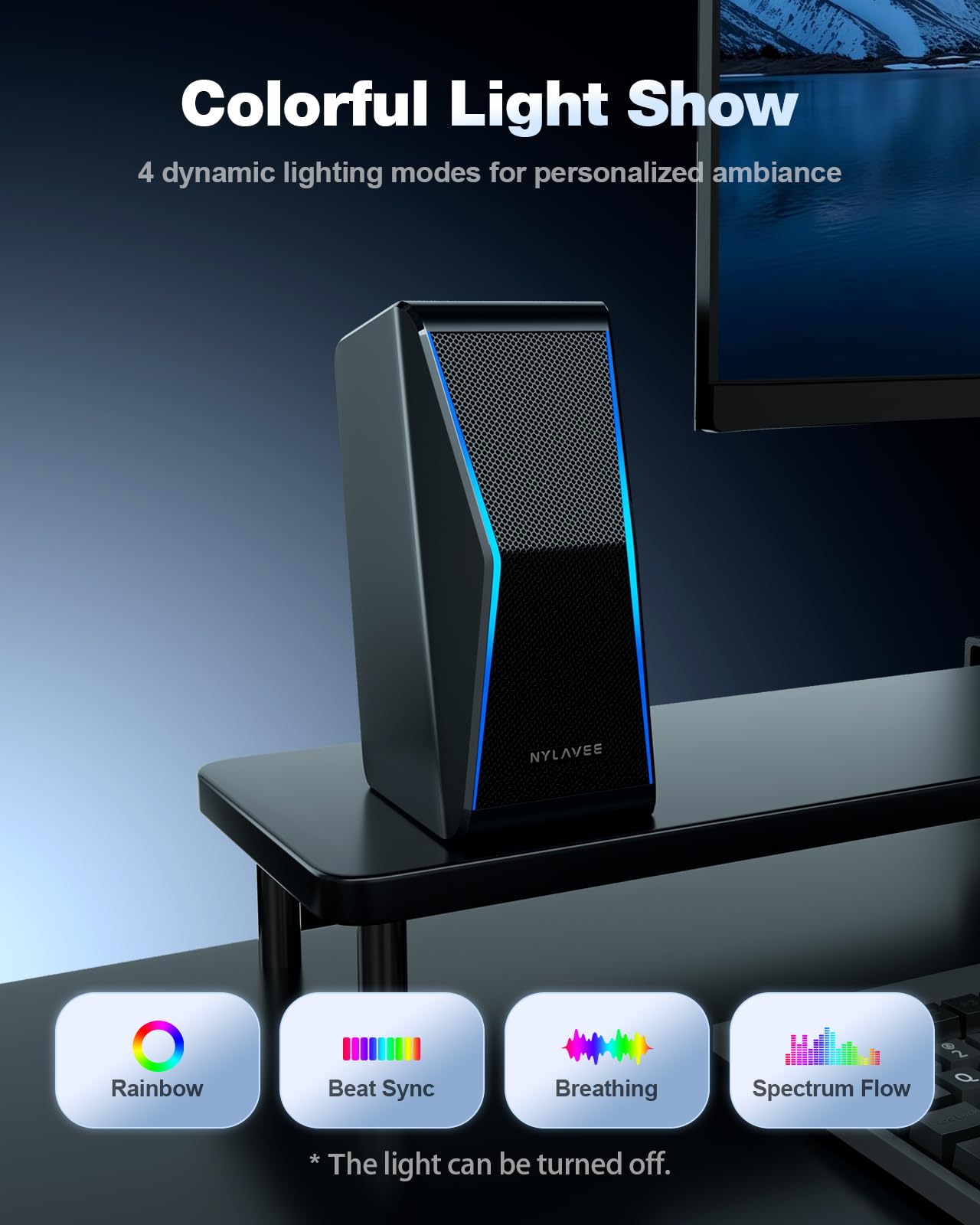 Nylavee Altoparlanti per computer, altoparlanti stereo Hi-Fi per PC, con Bluetooth 5.0 e ingresso AUX da 3,5 mm, alimentazione CA da 14 W, modalità equalizzatore integrate e luci RGB per PC desktop