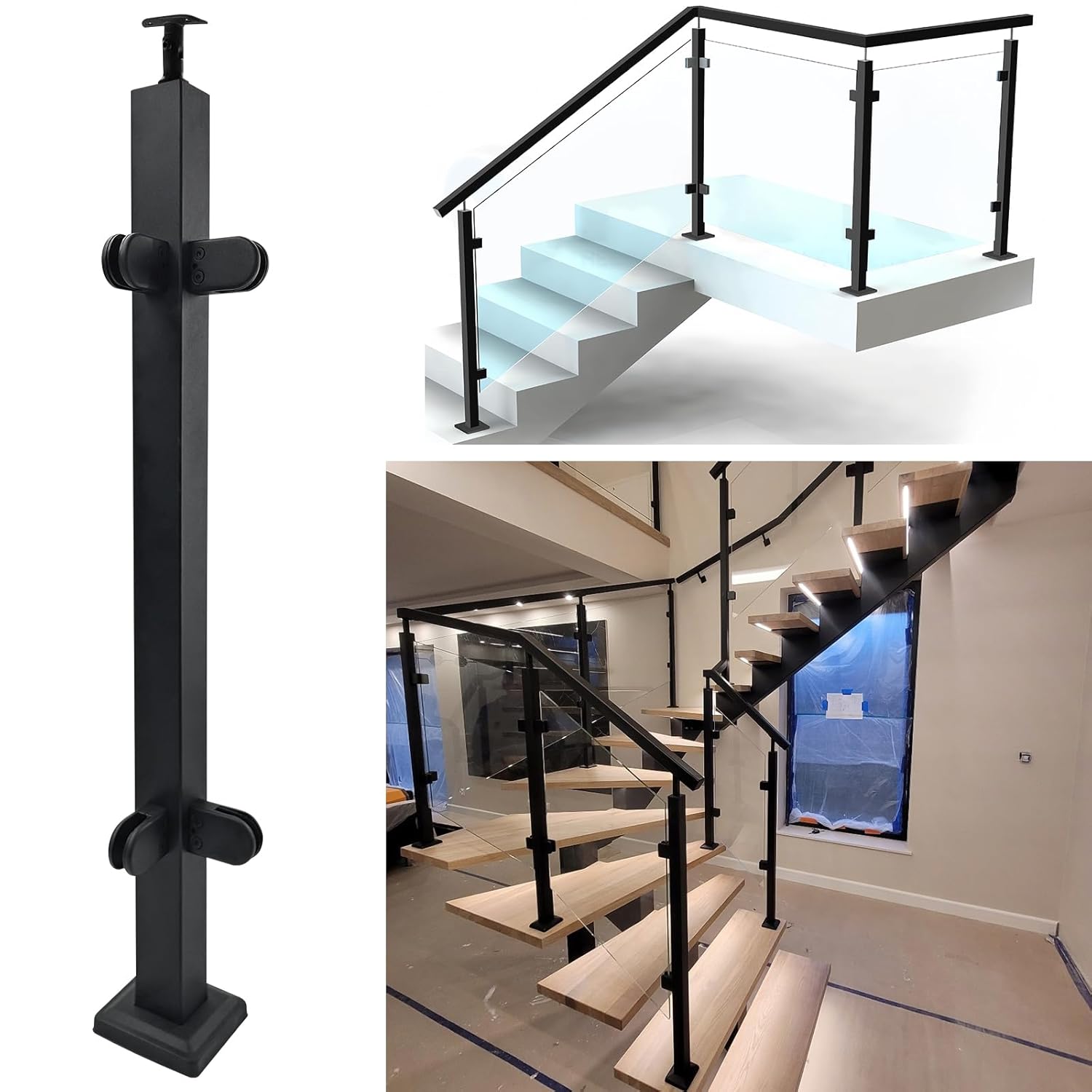 Glass Railing Post 33.46" With Adjustable Top Breckets,304 Stainless Steel Right Angle Corner Glass Balustrade Post With 4 Clamps for Indoors & Outdoors Deck,Stair (Corner Post,Frosted Black)