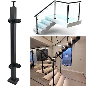 Glass Railing Post 33.46" With Adjustable Top Breckets,304 Stainless Steel Right Angle Corner Glass Balustrade Post With 4 Clamps for Indoors & Outdoors Deck,Stair Corner Post,Frosted Black