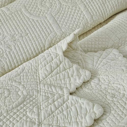 Miniatura 7 de Brandream Juego de edredón de algodón blanco crema, tamaño Queen, juego de edredón acolchado de lujo, juego de edredón acolchado de 3 piezas