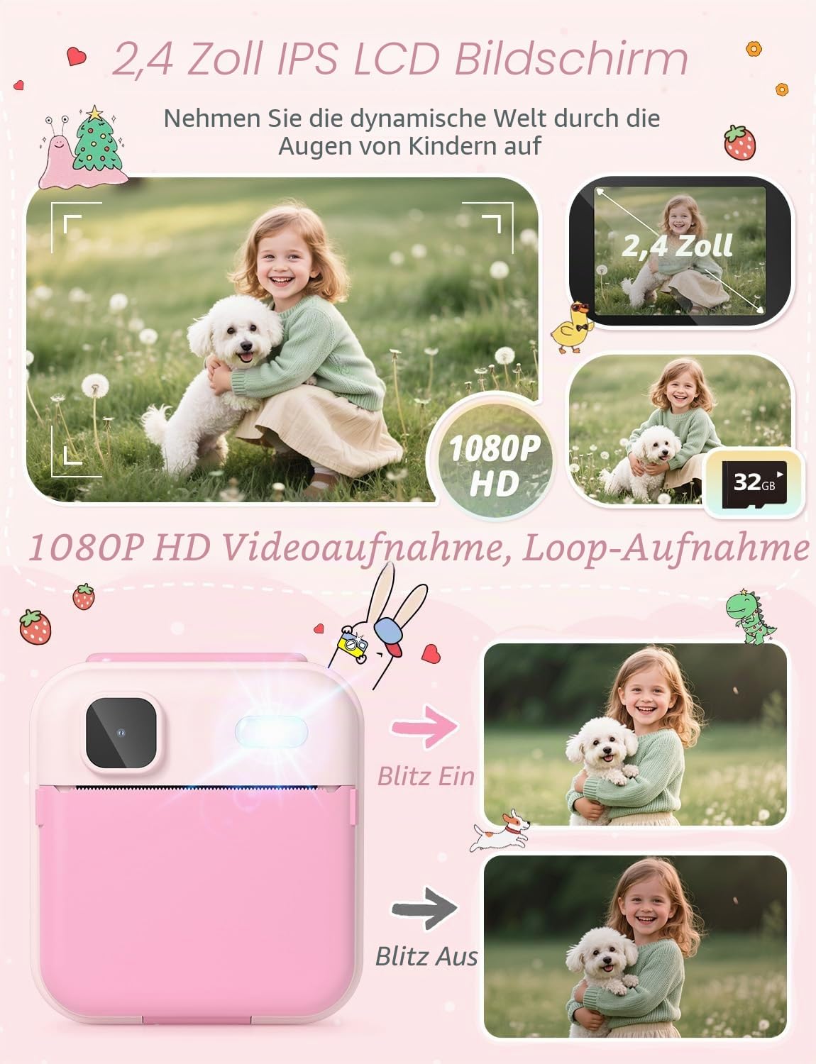 YOHOOLYO Sofortbildkamera Kinder 2,4 Zoll 1080P HD Kinderkamera mit 3 Rollen Druckpapier 32GB Karte Farbigen Stiften Aufkleber Geschenke für Jungen und Mädchen 3-12 Jahre (Rosa)