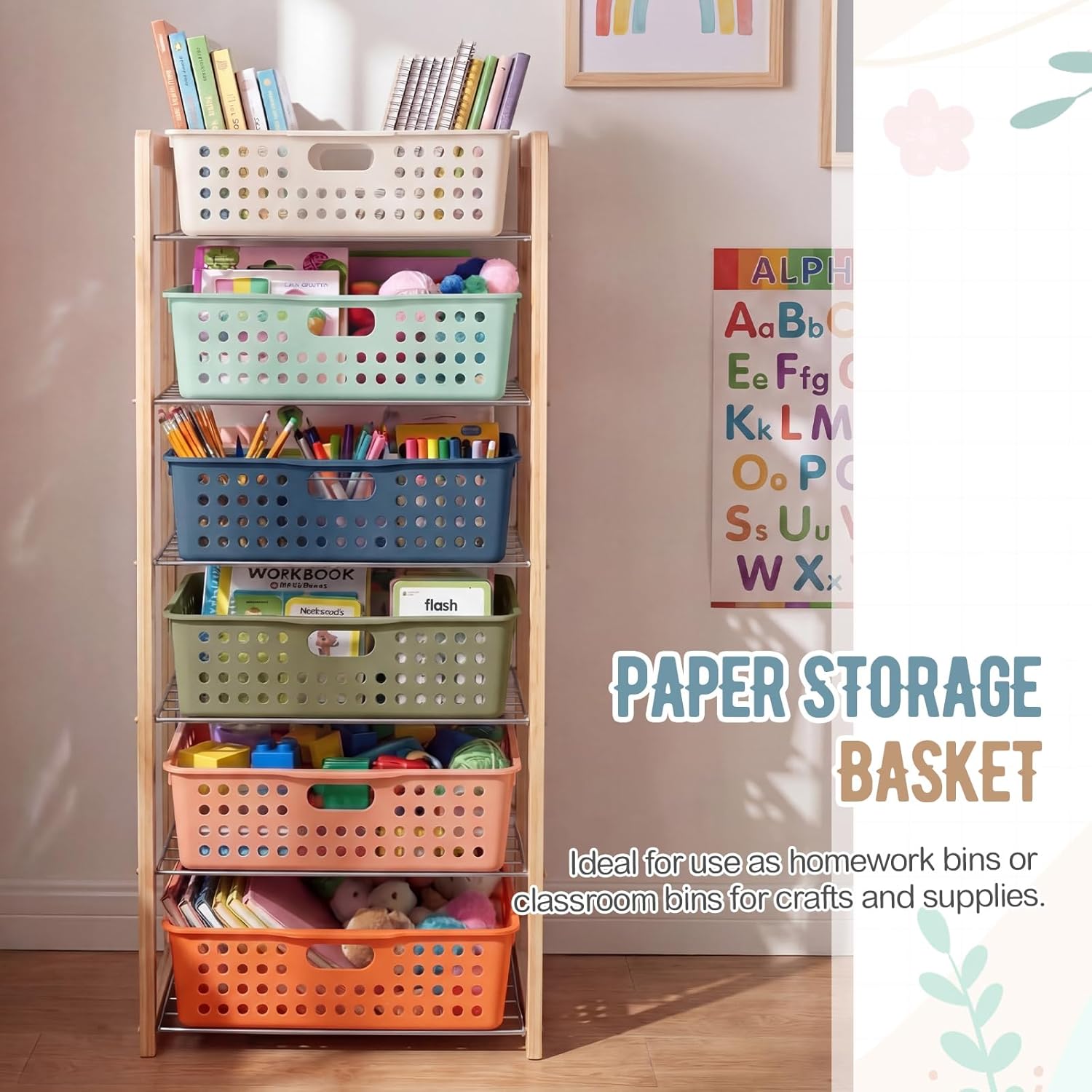 Geetery 6 Pack Classroom Storage Baskets with Handle 14''x10'' Paper Tray Holds A4 Turn in Trays Plastic Paper Baskets Desk Organizer Bin for Classroom, Library, Office, Home (Boho Color)