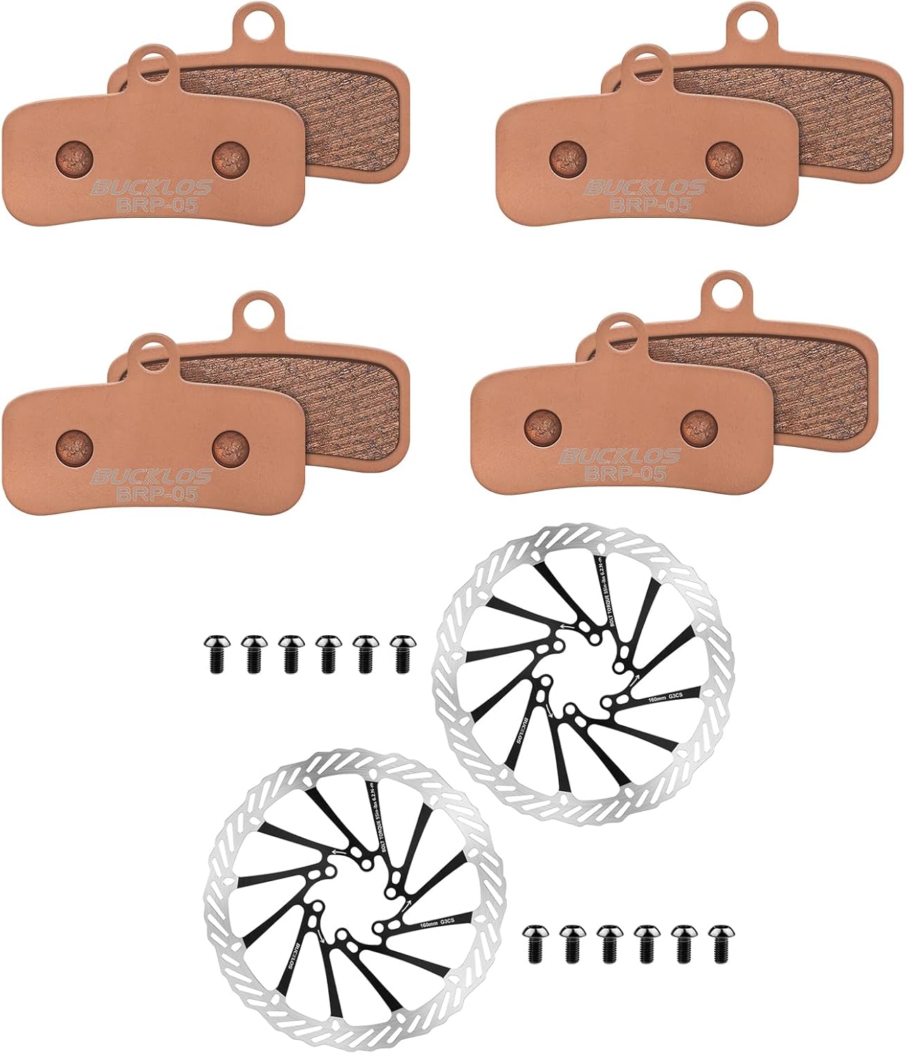 BUCKLOS BRP-05 Bike Disc Brake Pads - 4 Pair SINTERED-Metal Bicycle Disk 4 Piston Pads and 160mm Bike Disc Brake Rotor with 12 Bolts