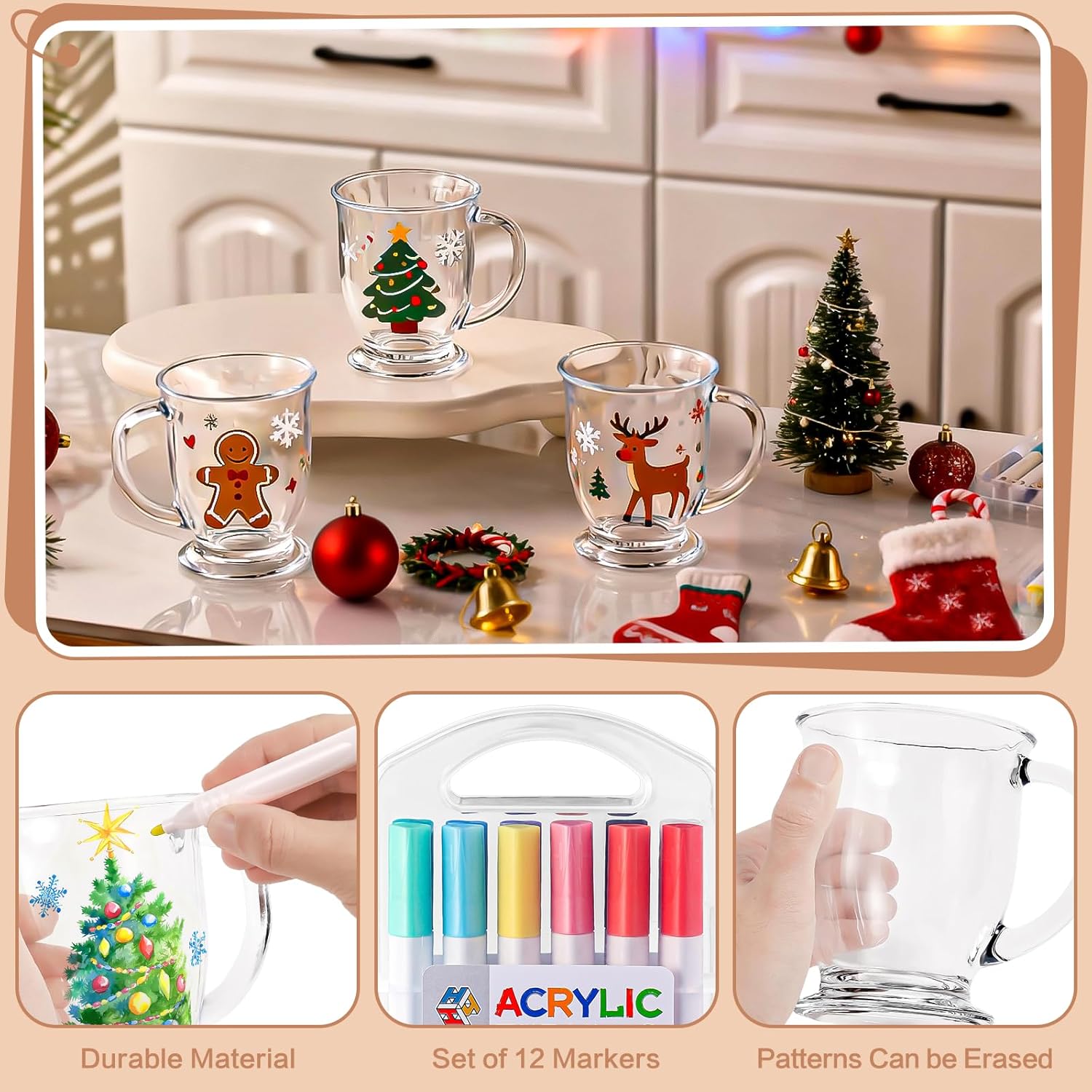 6 Sets Glass Coffee Mugs Paint a Mug Kit Christmas Gifts for Adults with Handles for Hot Beverages Personalized Paintable Custom Design Paint Your Own Mugs with DIY Markers - Image 3