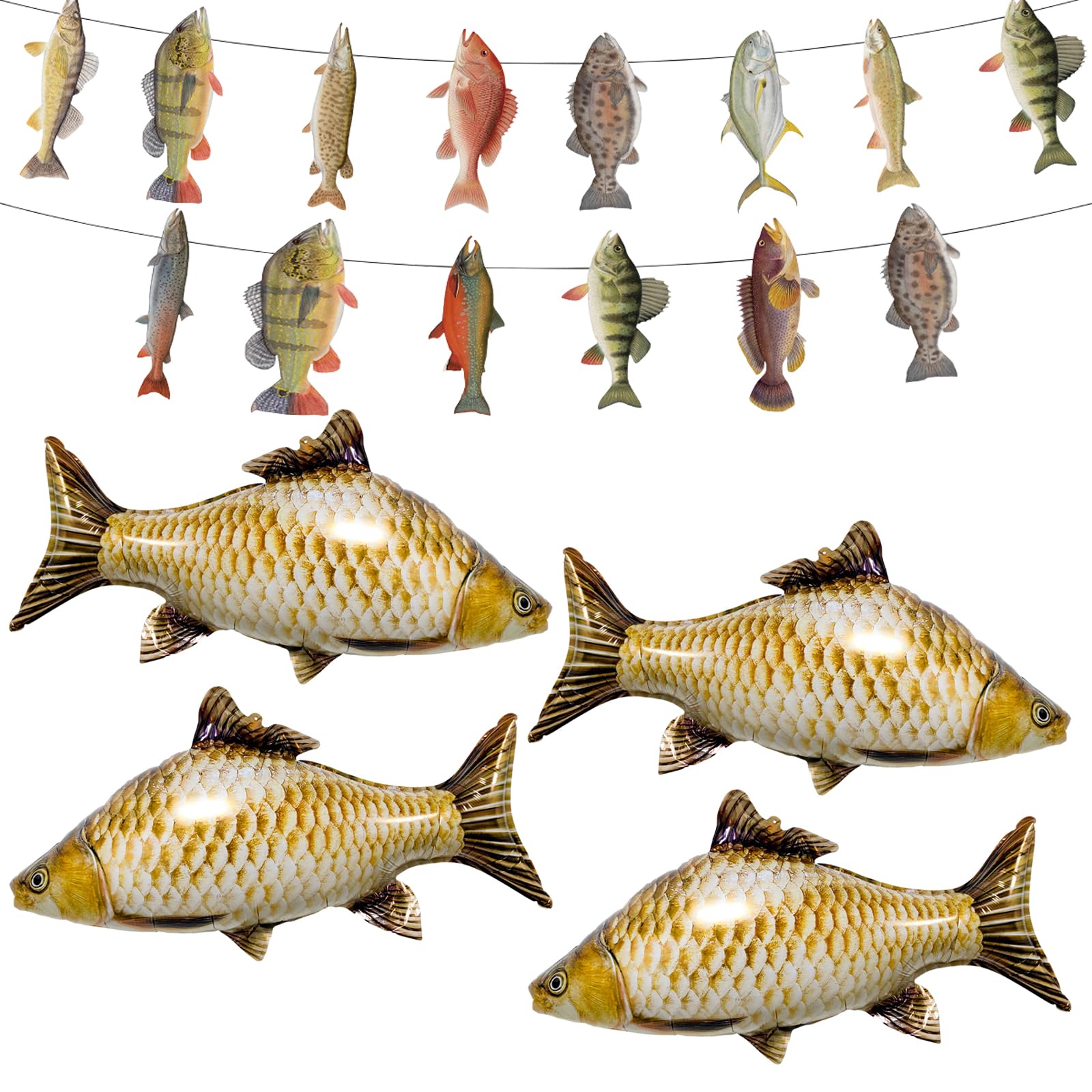 Huhaokejis 4 PCS Fish Balloons with 1PC Bunting, Cute Realistic Inflatable Fish Foil Balloons for Birthday, Fishing Theme Party Decorations, Ocean Themed Events (Multicolor D)
