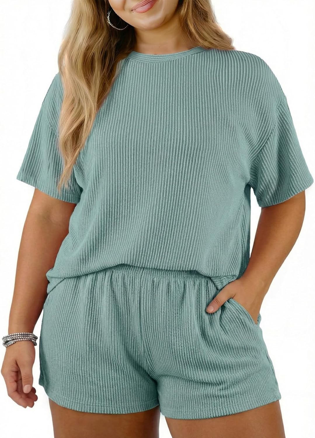 Eytino Plus Size Two Piece Sets for Women Short Sleeve Shirts High Waisted Shorts Pajamas Lounge Matching Set(1X-5X)