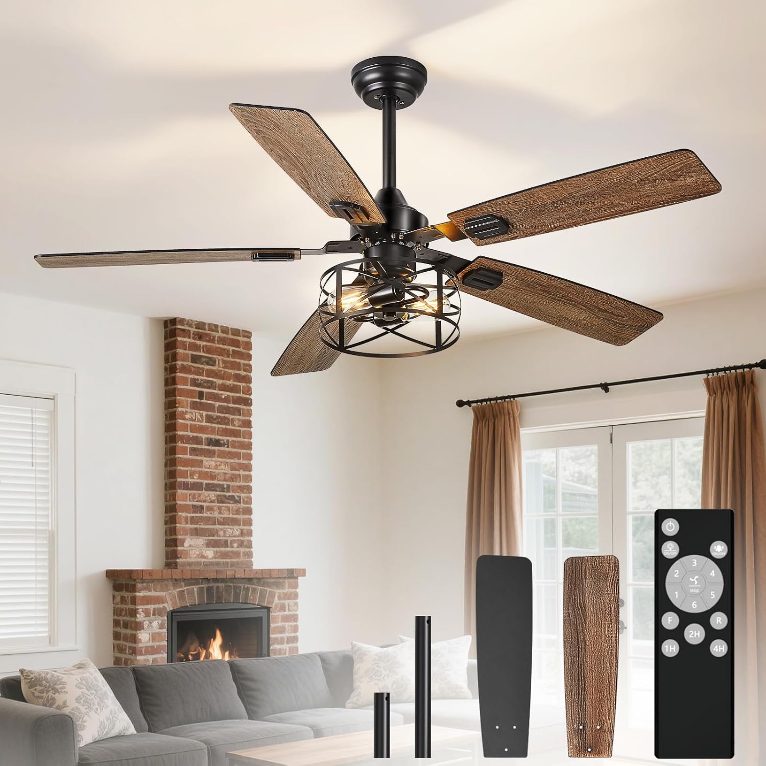 Depuley 52-Inch Ceiling Fans with Lights: Caged Ceiling Fans Dual Finish 5 Blades - Rustic Ceiling Fan with Remote Control for Farmhouse Living Room Outdoor Porch (E26 Bulb Included) Black Walnut Cage 01 52 Inch