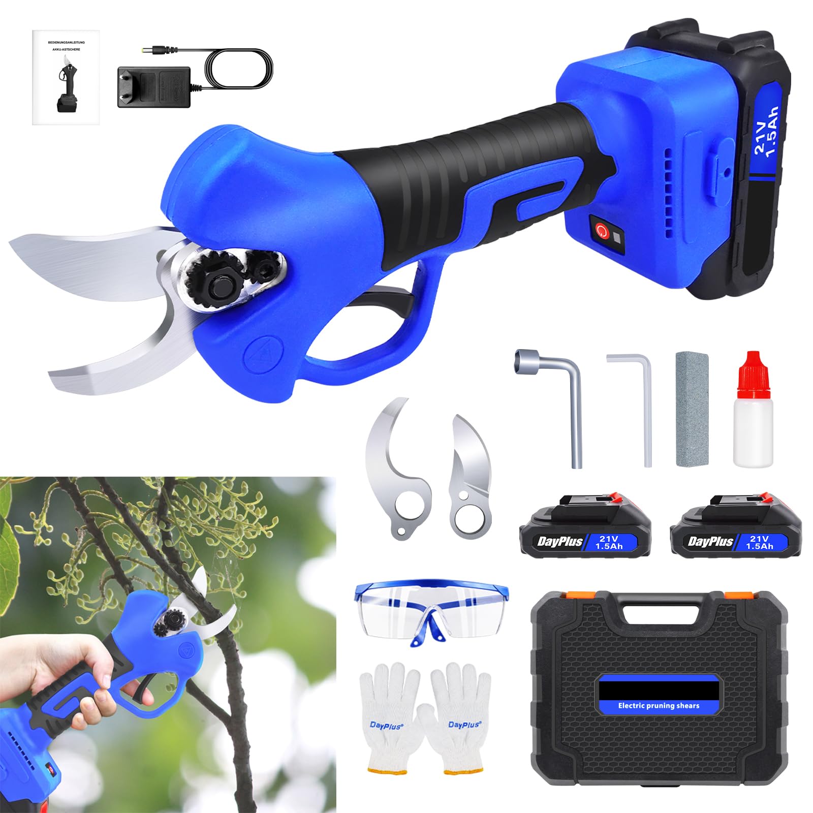 Tijeras de podar eléctricas con motor sin escobillas, tijeras de podar eléctricas de 21 V, cortador de ramas eléctrico con 2 baterías y cargador, 25 mm (0,98 pulgadas), diámetro máximo de corte (azul)