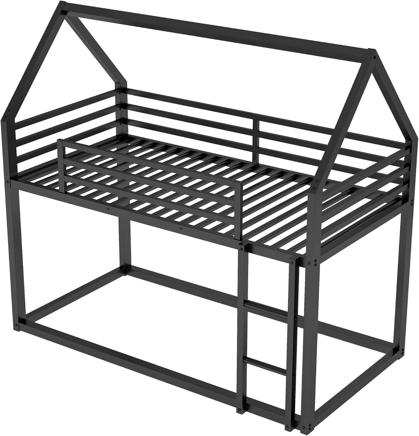 Twin Heavy Steel Low Bunk Bed with Built-in Ladder Bunk Bed Frame for Kids Boys Girls Space-Saving (Black)