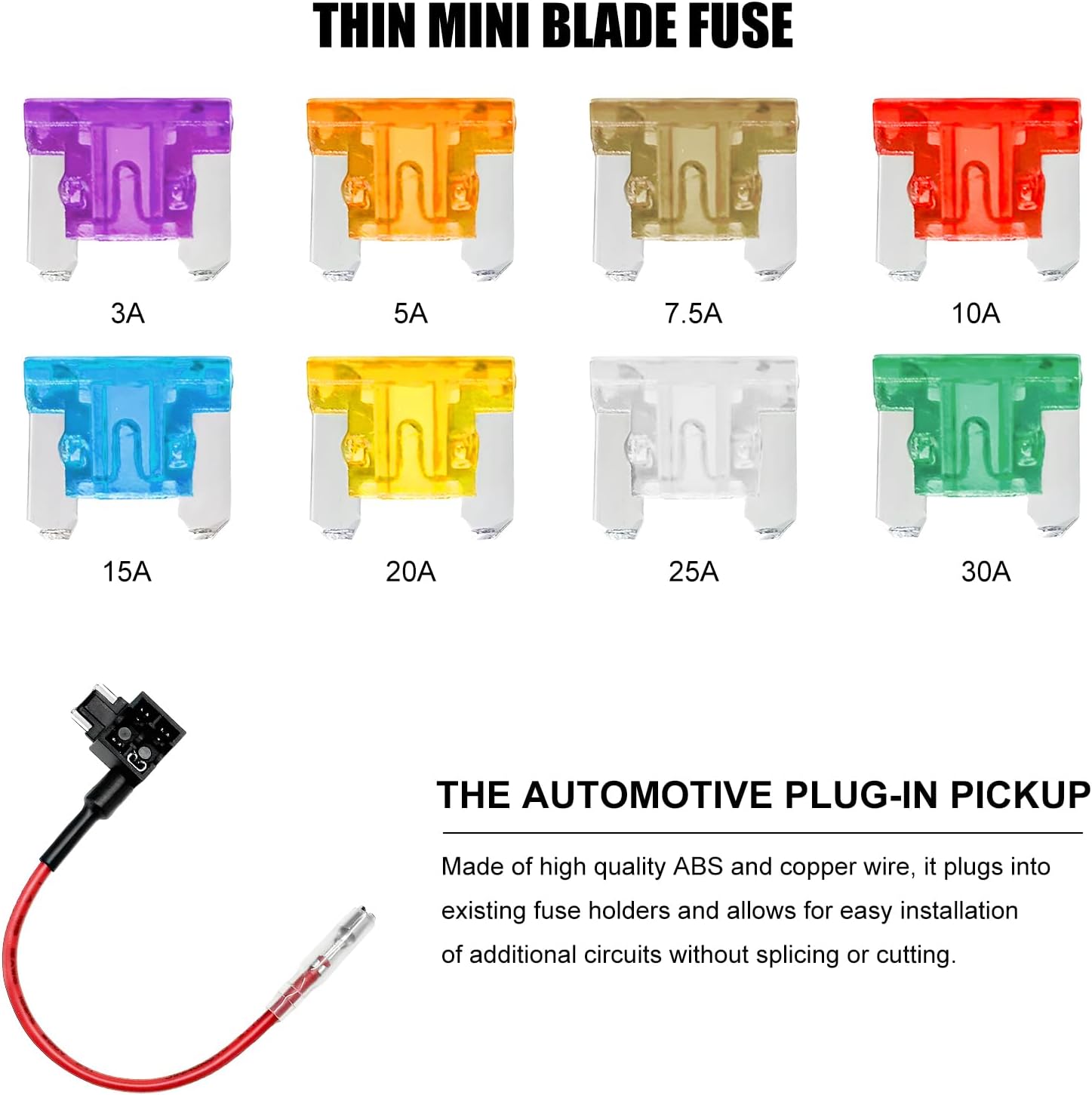 3 PCS Low Profile Mini Blade Fuse Tap, Blade Fuse Holder with 8PCS Fuses (3A 5A 7.5A 10A 15A 20A 25A 30A) & Puller, Miniature Fuses Adapters Kit with Wire Harness for Car Truck Boat