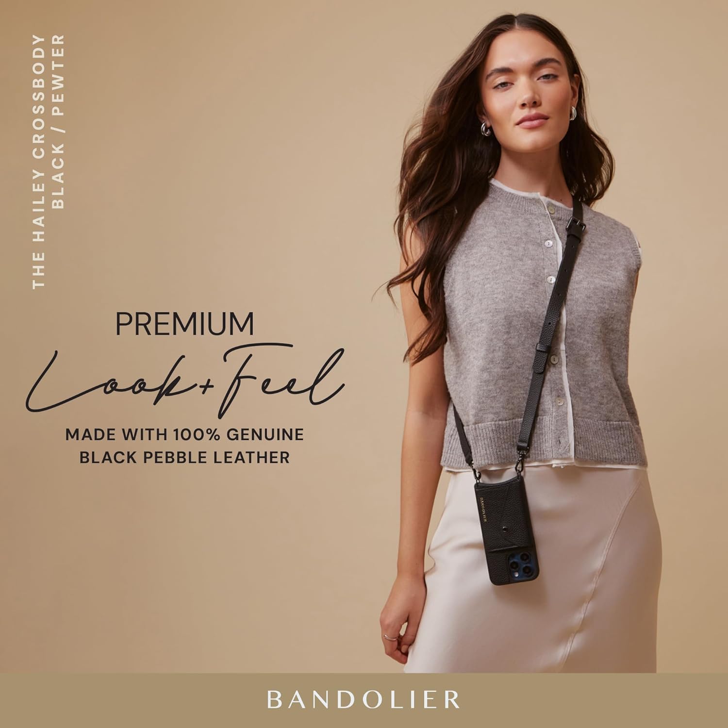 Bandolier Hailey Crossbody Wallet Phone Case for iPhone 15 Pro. 100% Genuine Pebble Leather with Pewter Hardware. Adjustable & Removable Strap. Expandable Flip Card Holder. Black with Pewter - Image 5