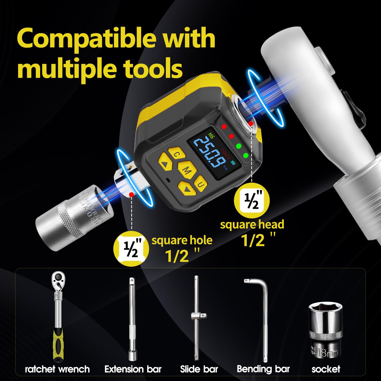 Zestaw cyfrowych adapterów momentu obrotowego 1/5.1 cm, dokładność ± 2% (3.7-76.2 m-lb), brzęczyk i wskaźnik LED, wstępnie ustawiony z przechowywaniem danych, cyfrowy miernik dynamometryczny z
