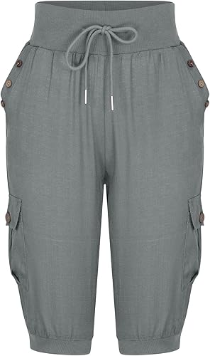 Miniatura 4 de Uillui Pantalones capri de algodón y lino para mujer, ligeros, holgados, pantalones deportivos de carga con cintura elástica, pantalones deportivos